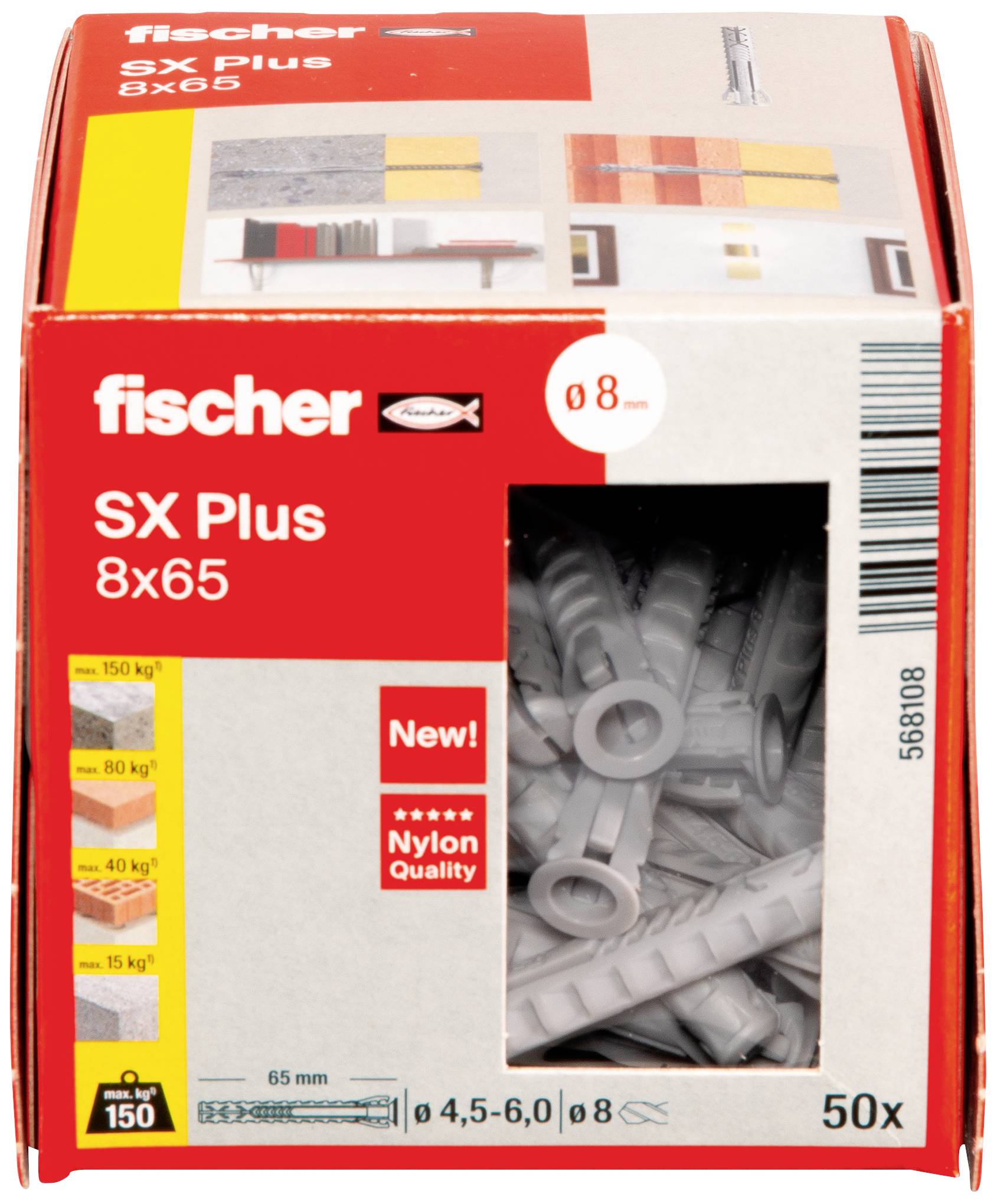 Eine Schachtel mit Fischer SX Plus 8x65 Dübeln. Aufdrucke zeigen Tragfähigkeit, Größe und Nylonqualität. Enthält 50 Stück.