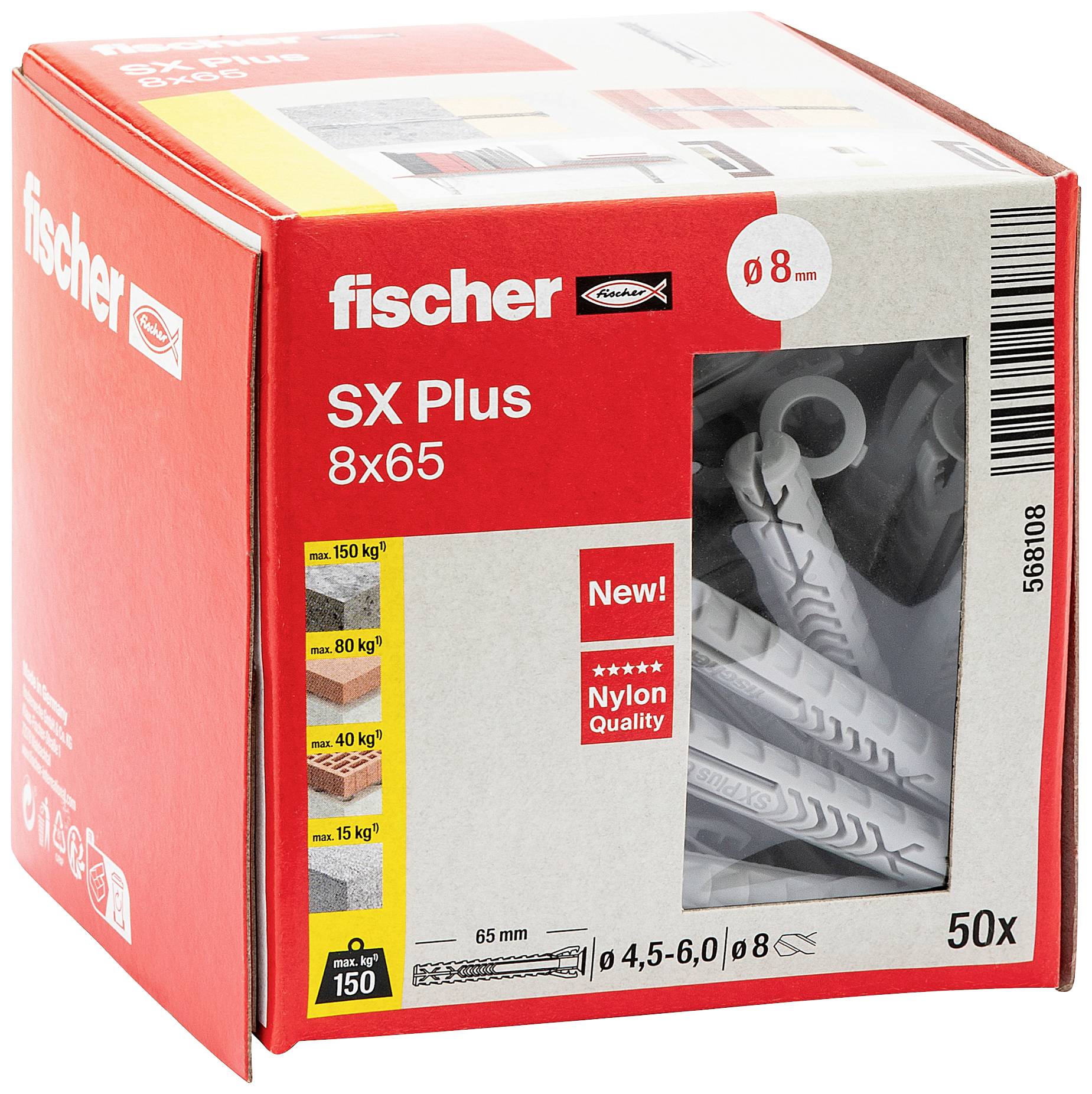 Eine Verpackung von Fischer SX Plus 8x65 Dübeln. Aufdruck: 'New! Nylon Quality'. Zeigt Dübel und grafische Tragkraftangaben für verschiedene Materialien.