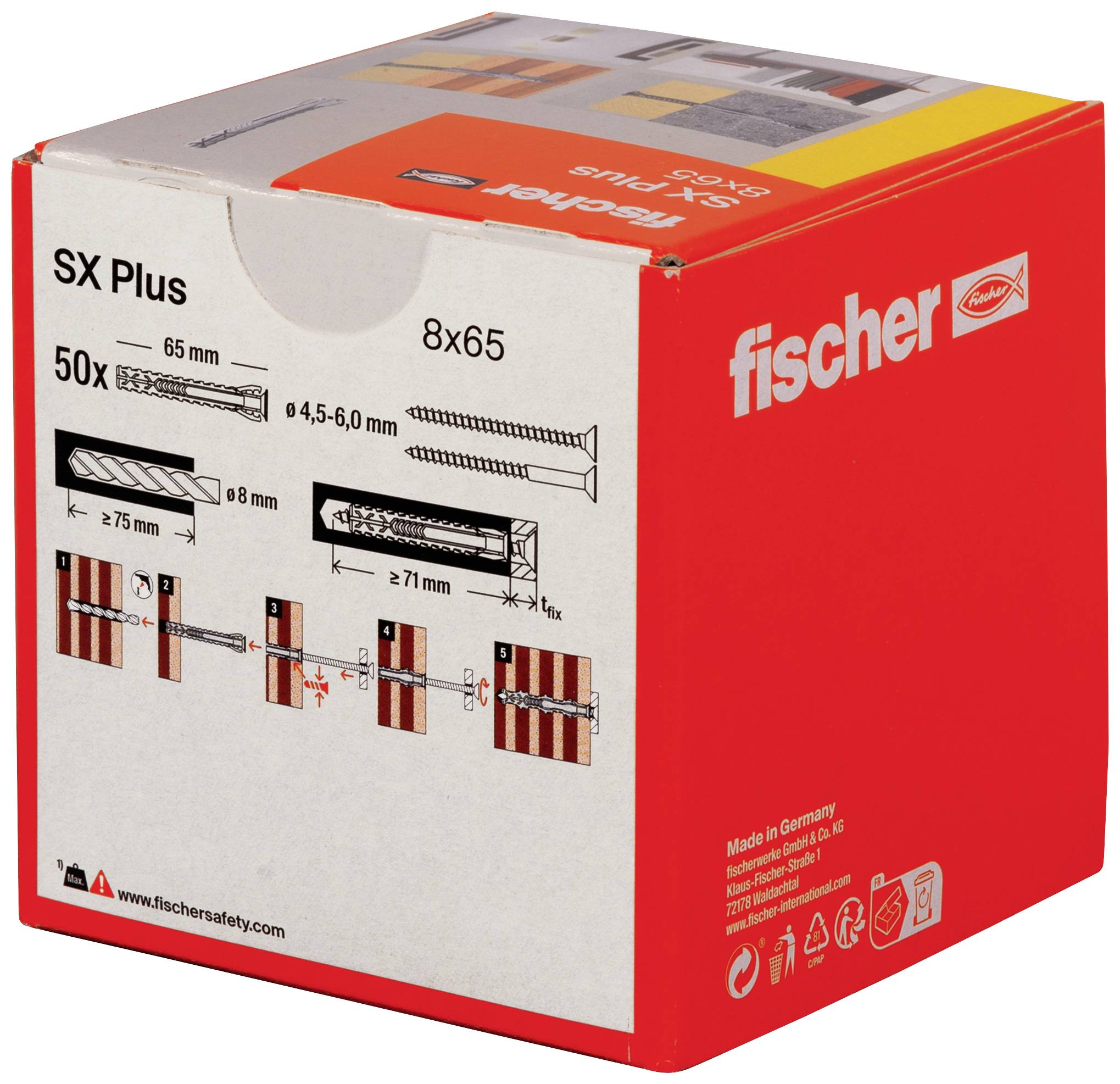 Verpackung zeigt Fischer SX Plus Dübel und Montagedetails. 50 Stück pro Packung, geeignet für 65 mm Tiefe und verschiedene Materialien.