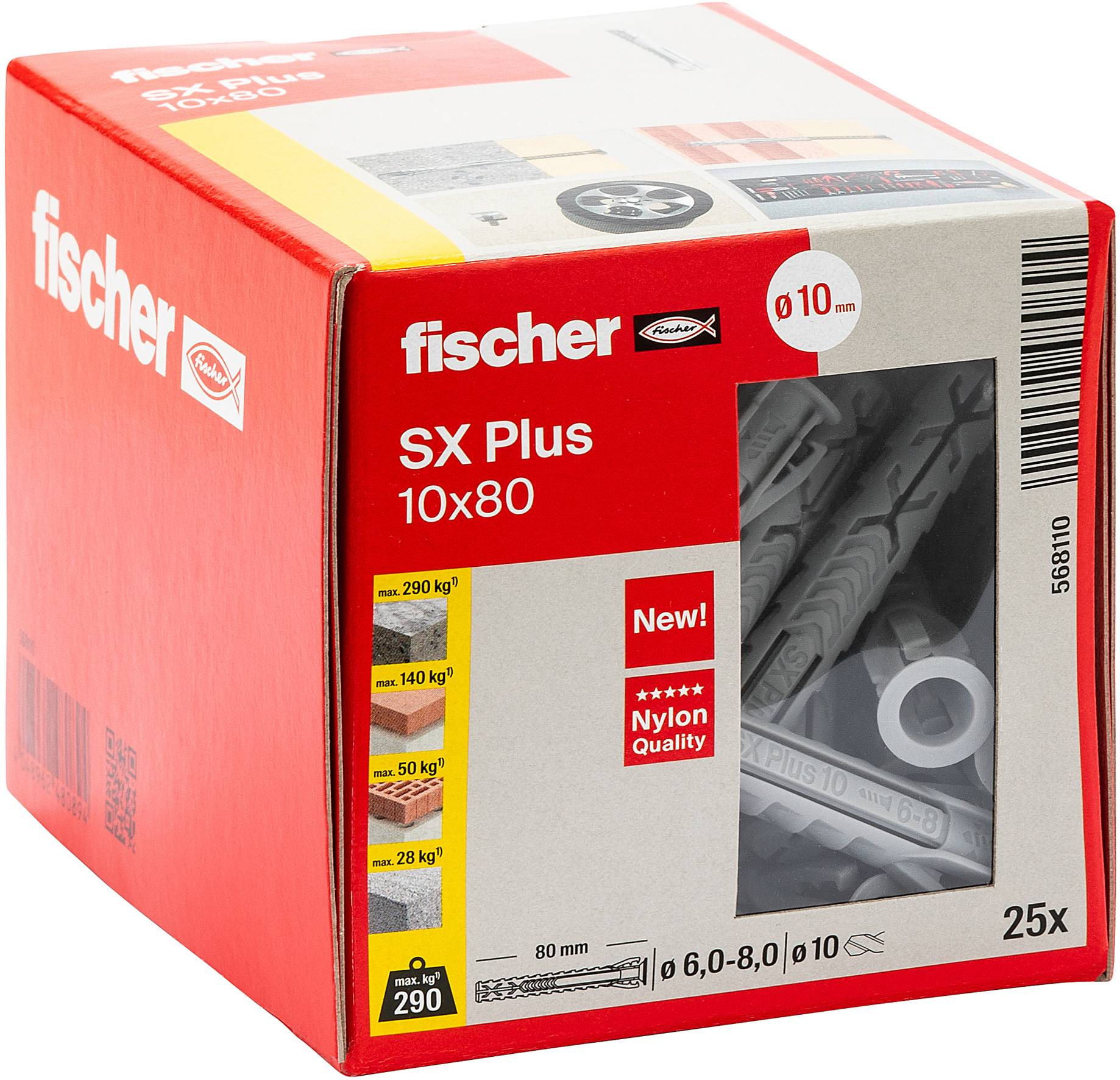 Ein metallfarbener Dübel mit seitlichen Flügeln und dem Schriftzug 'fischer' an der Seite, zum Befestigen in Wänden.