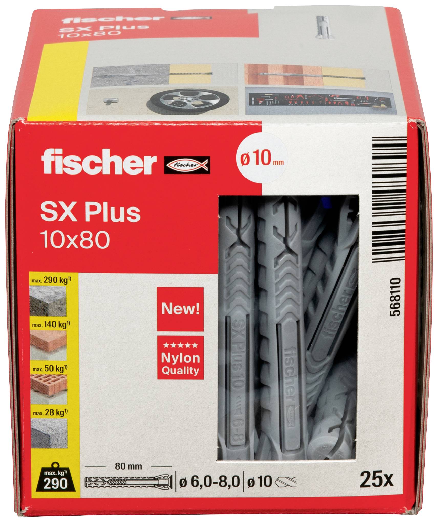 Verpackung der Fischer SX Plus 10x80 Dübel, 25 Stück. Zeigt Tragfähigkeitsdaten und hochwertige Nylonqualität.