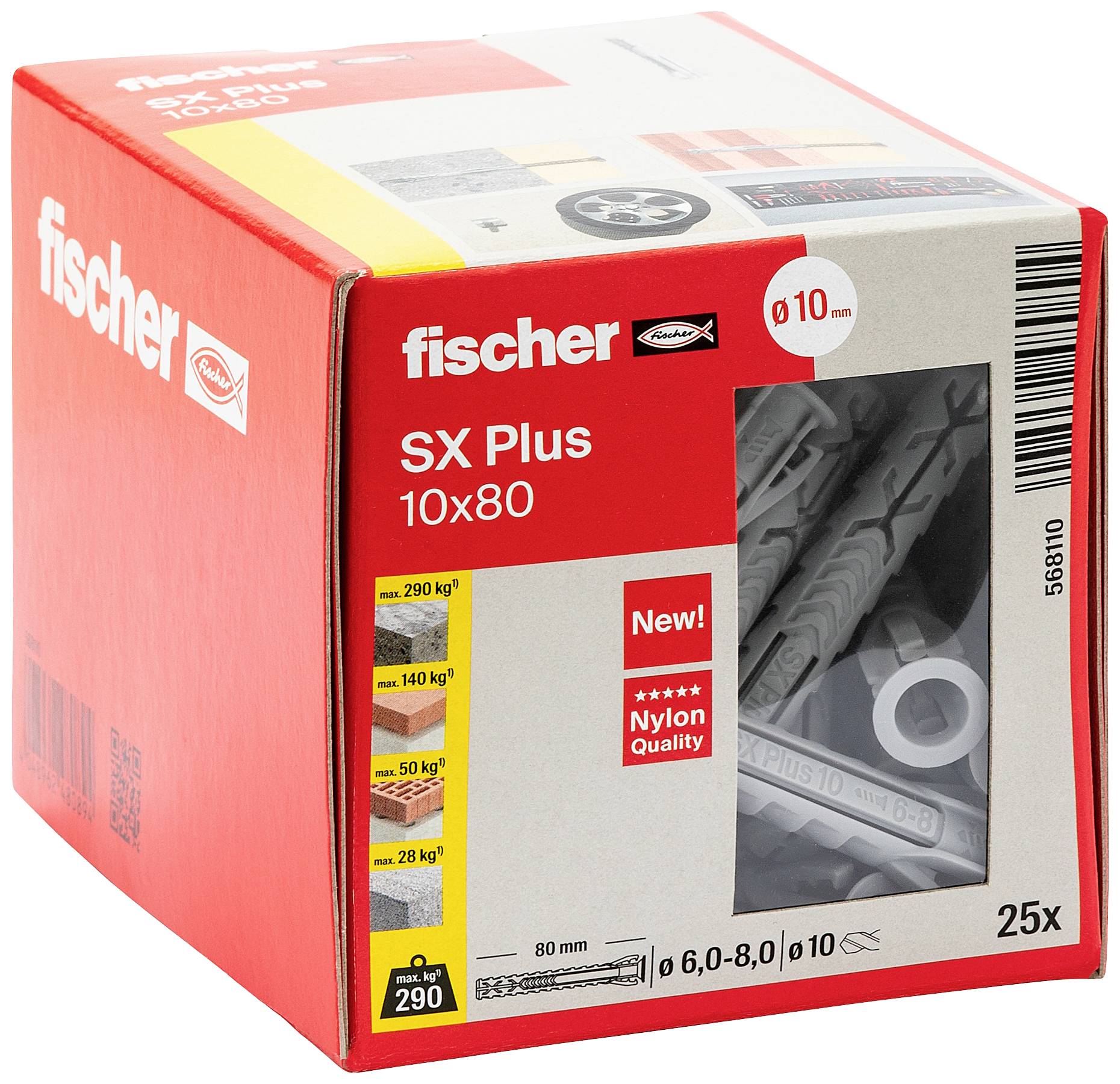 Rote Verpackung von Fischer mit Aufdruck 'SX Plus 10x80'. Enthält 25 Dübel mit Nylonqualität. Hebt Tragkrafttabelle für verschiedene Materialien hervor.