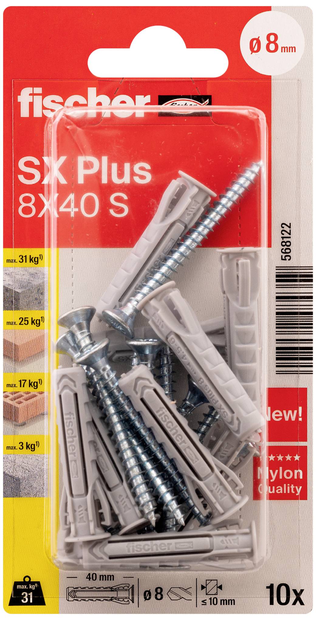 Verpackung mit Fischer SX Plus Dübeln und Schrauben, Größe 8x40 mm, Belastungshinweise 25 kg bis 50 kg, 10 Stück im Set.