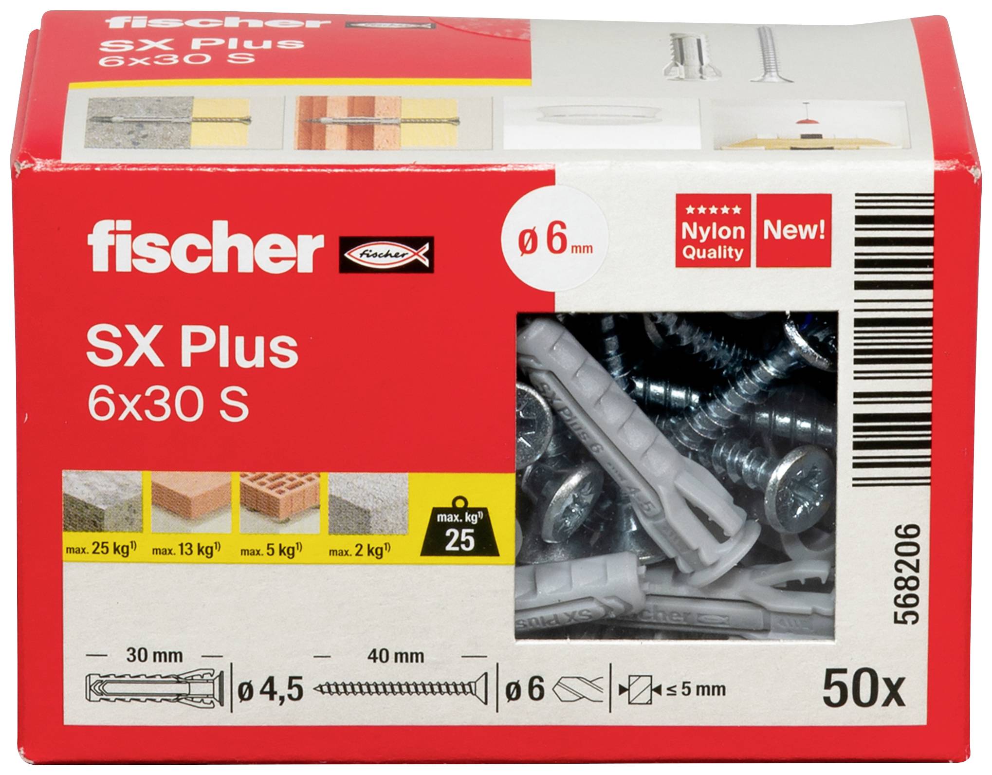 'Fischer SX Plus 6x30 S' Dübelbox mit 50 Dübeln, geeignet für Beton, Ziegel und Lochstein. Verschiedene Belastungsgrenzen abgebildet.