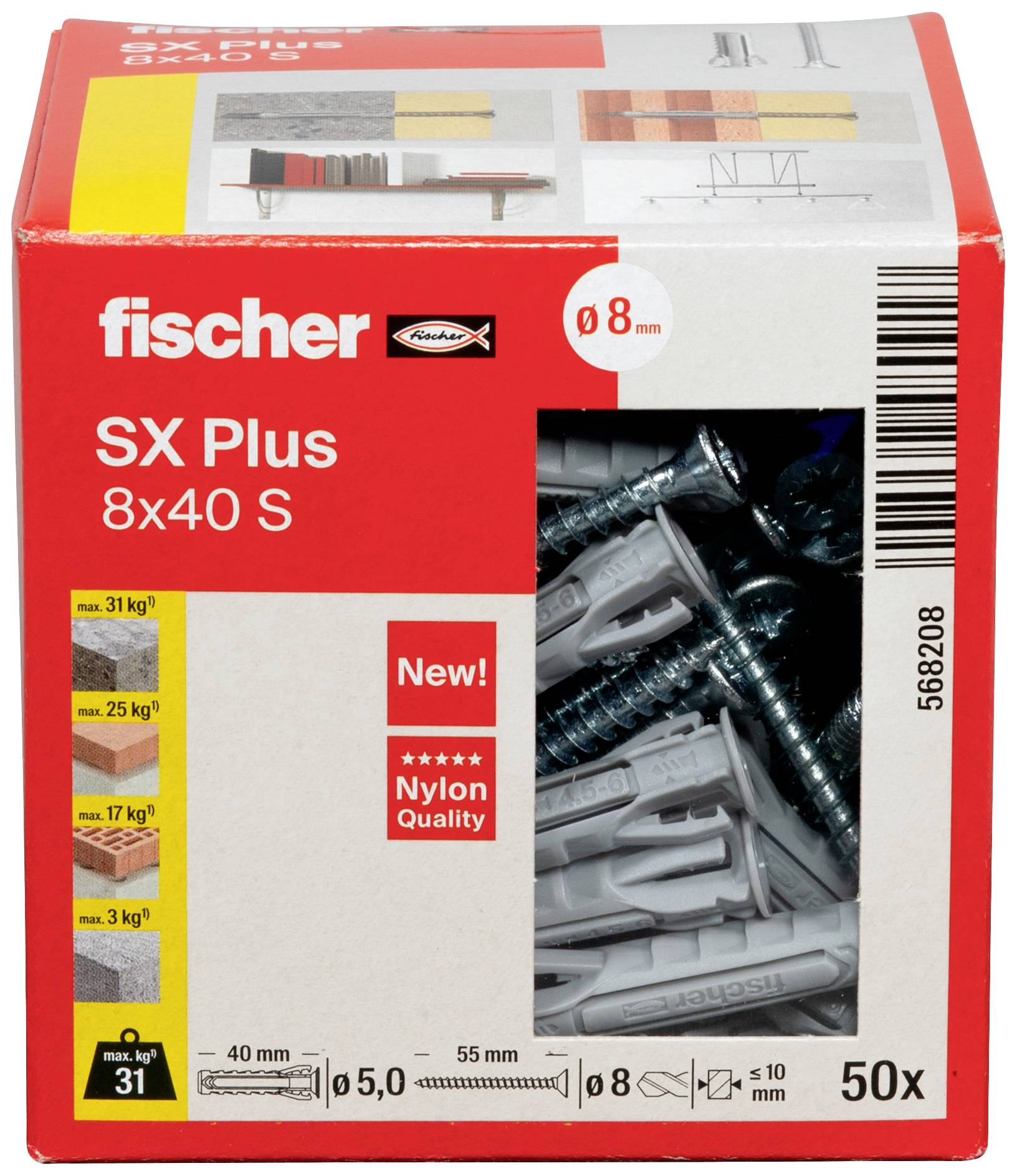 Eine Packung Fischer SX Plus 8x40 S Universaldübel mit Schrauben. Auf der Verpackung stehen Belastungsrichtlinien und Produktdetails.