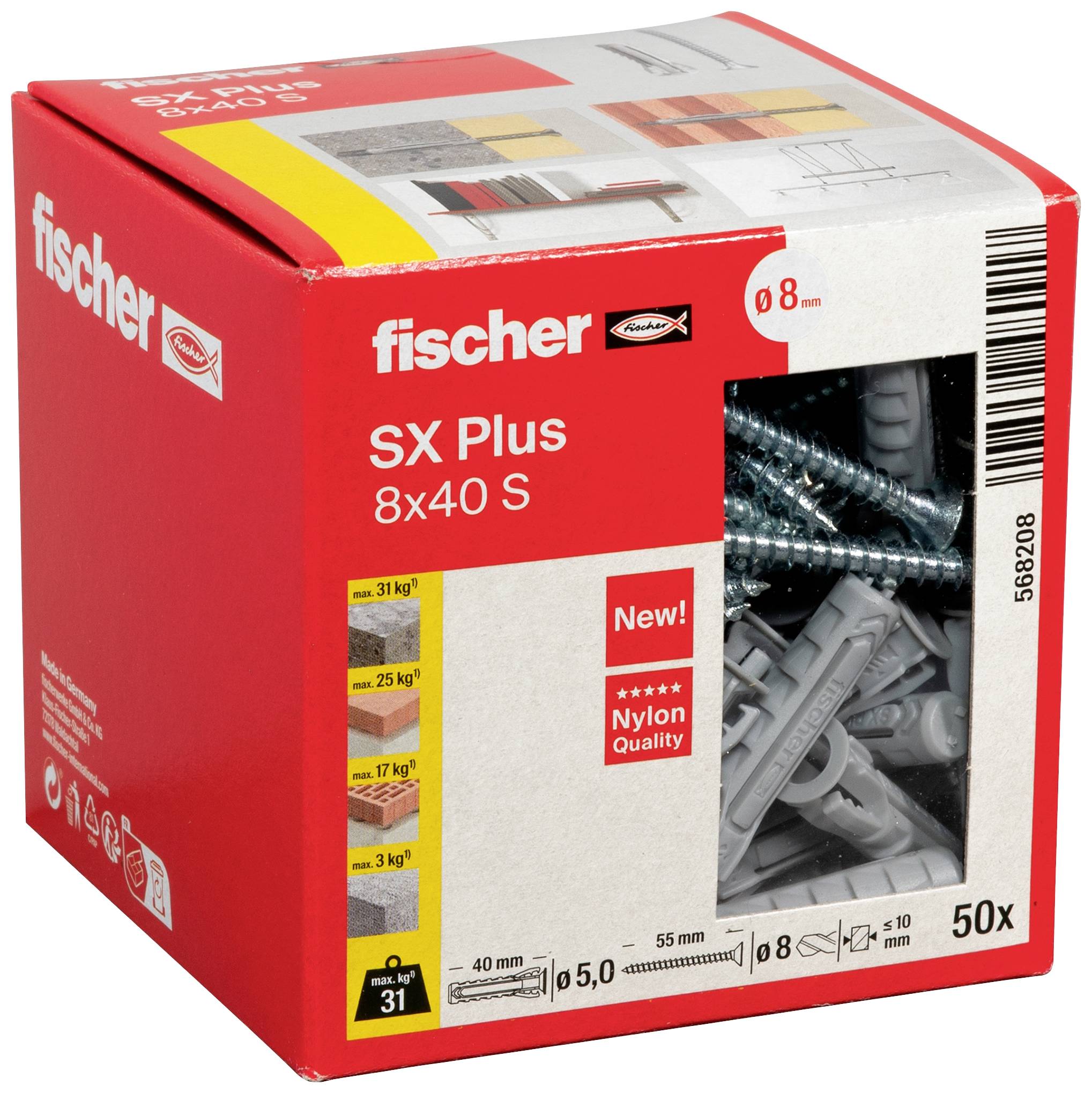 'Fischer SX Plus 8x40 S' Dübelverpackung mit 50 Stück, abgebildet mit Befestigungswerten und Nylon-Qualitätshinweis.