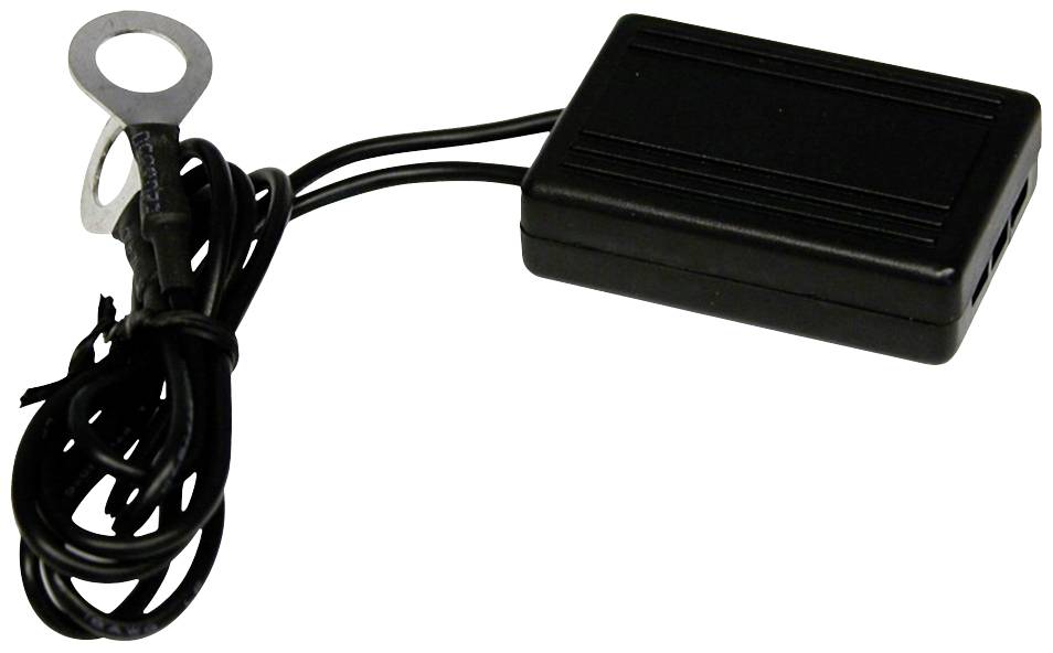 Schwarzes Ladegerät mit Kabel und Ringklemme, zur Stromversorgung von elektronischen Geräten. Geeignet für den Anschluss an Autobatterien.