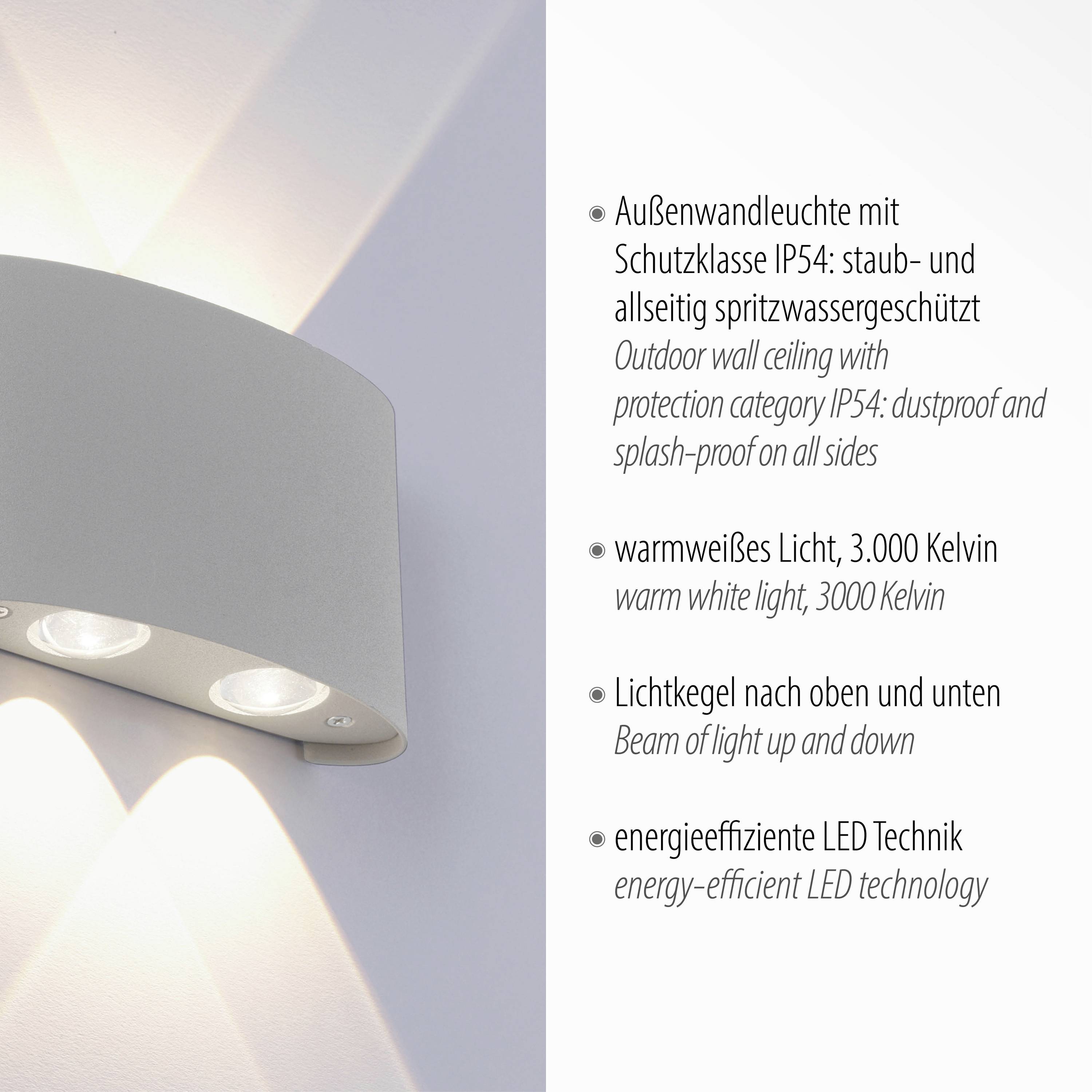 Außenwandleuchte mit Schutzart IP54: staub- und spritzwassergeschützt. Warmweißes Licht, 3000 Kelvin. Lichtstrahl nach oben und unten. Energieeffiziente LED-Technologie.