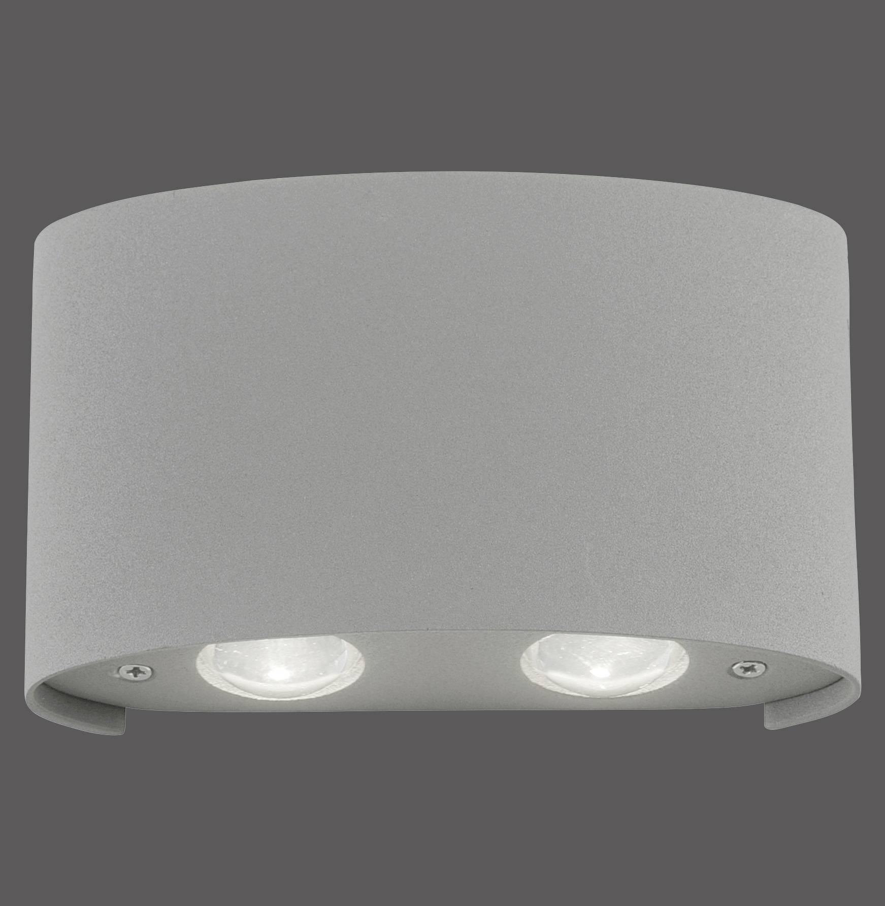 Graue, moderne Wandleuchte mit zwei runden Lampen, die nach unten strahlen. Geeignet für minimalistische, stilvolle Innenräume.