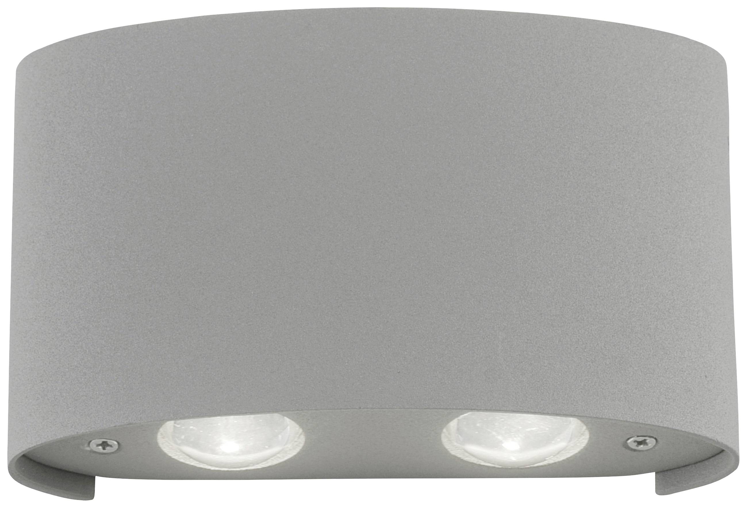 Graue, gebogene Außenleuchte mit zwei integrierten LED-Spots, die nach unten leuchten. Ideal für moderne Fassadenbeleuchtung.