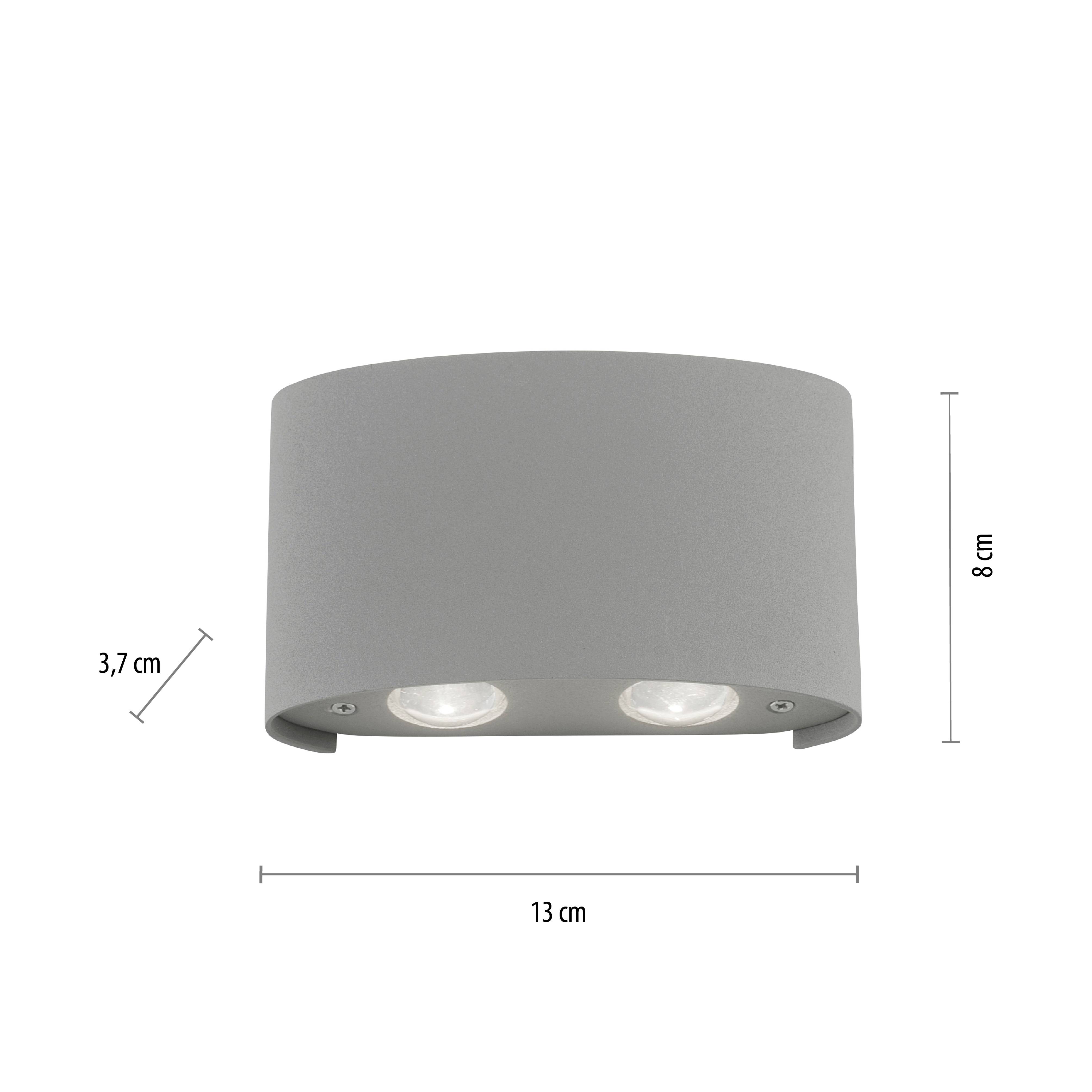 Eine graue Wandleuchte mit zwei integrierten LED-Lampen. Maße: 13 cm breit, 8 cm hoch, 3,7 cm tief.
