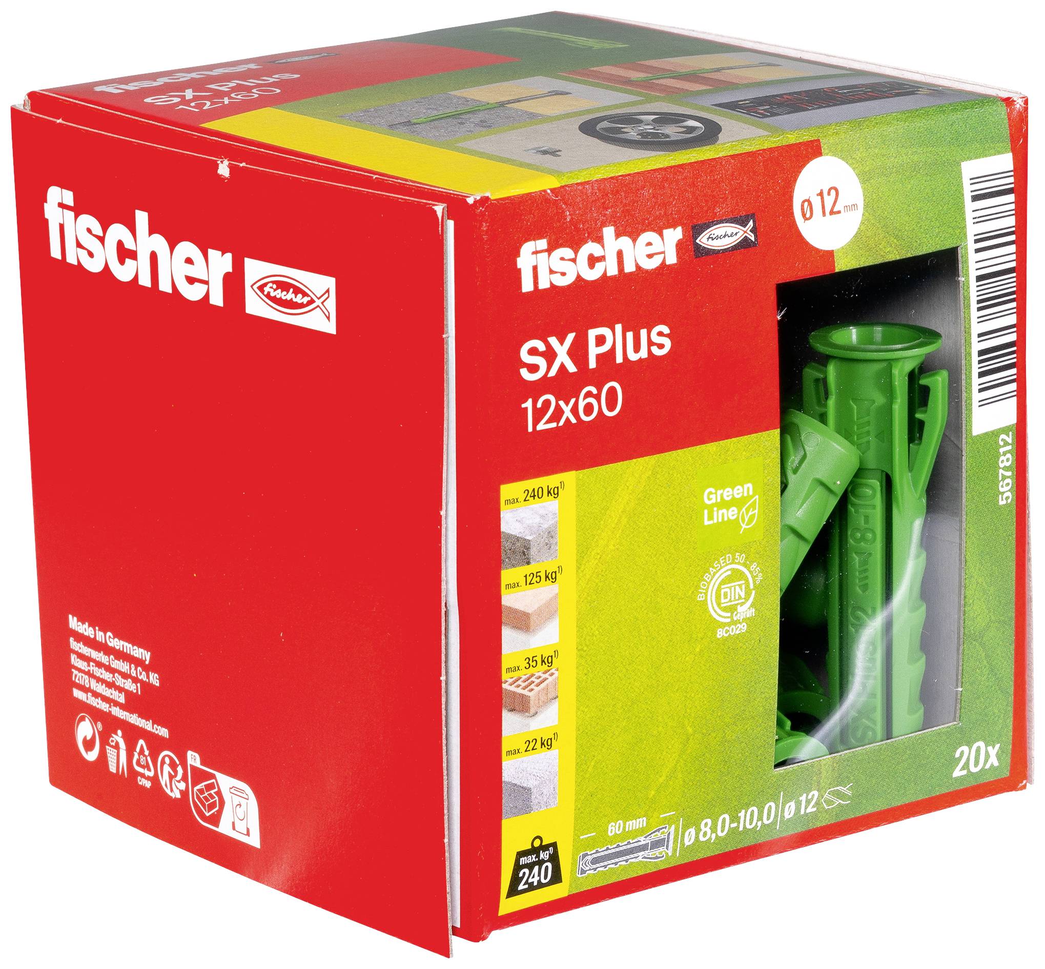 Verpackung einer grünen fischer SX Plus 12x60 Dübelbox, 20 Stück. Enthält Informationen zur Haltbarkeit und Installationsanwendungen.
