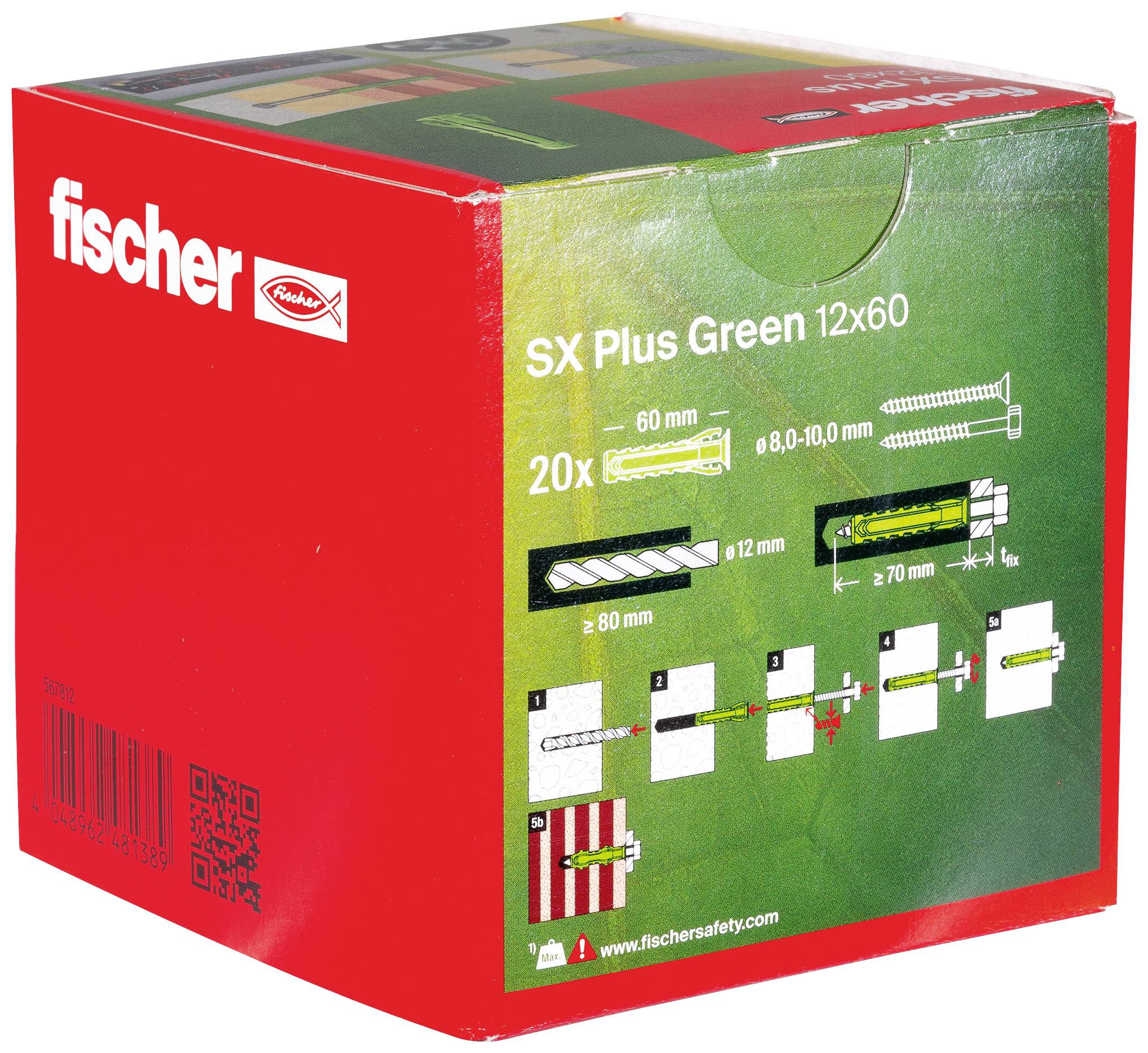 Verpackung der fischer SX Plus Green 12x60 Schrauben und Dübel. Zeigt Details zur Montage und Größenangaben (60 mm, 8-10 mm).