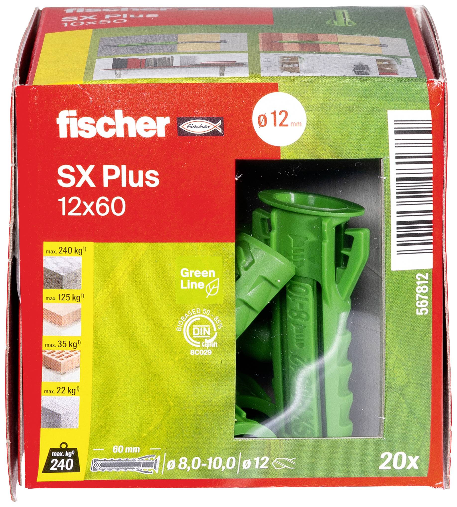 Verpackung von Fischer SX Plus 12x60 Dübeln, 20 Stück. Zeigt Anwendungsbeispiele für verschiedene Materialien und deren Tragfähigkeit.