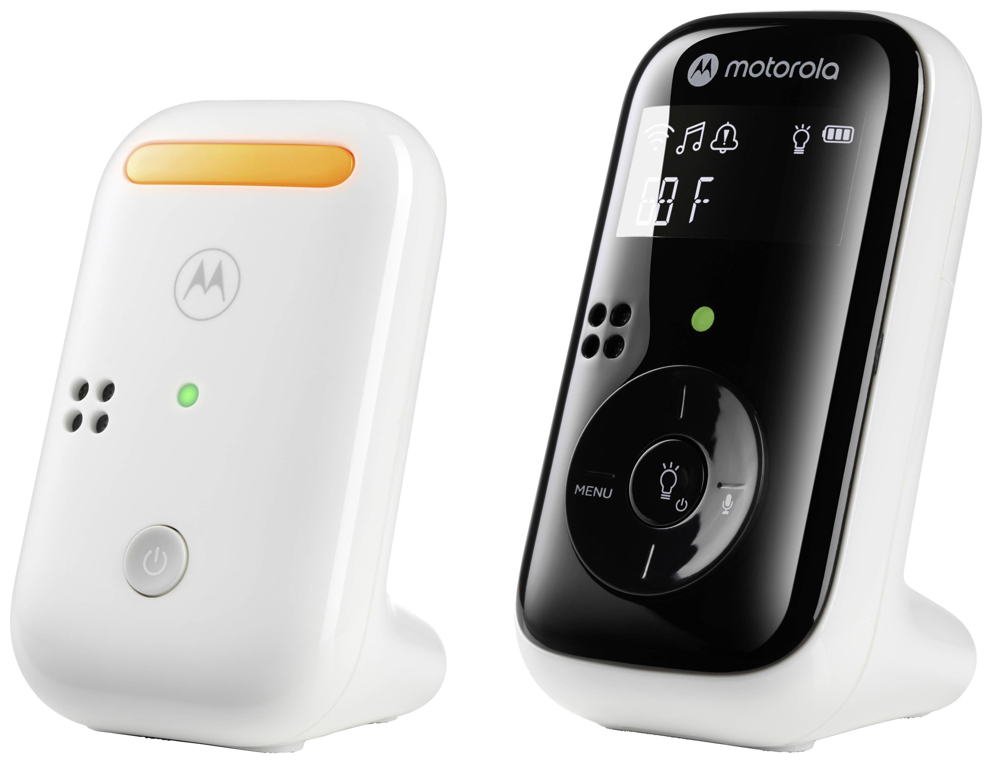 Zwei Babyfon-Geräte von Motorola; links ein weißer Sender, rechts ein schwarzer Empfänger mit Display und Tasten zur Bedienung.
