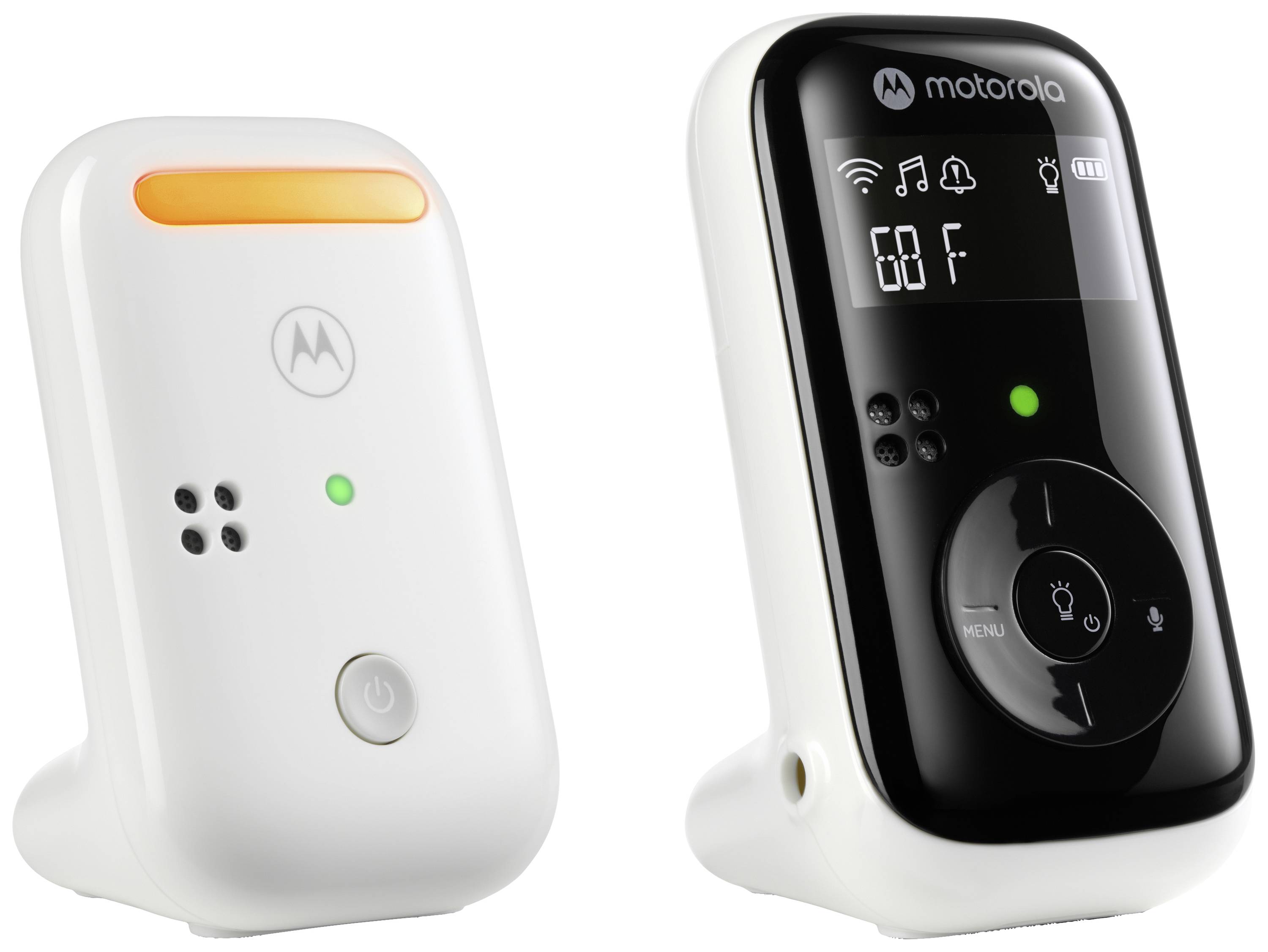 Zwei weiße elektronische Geräte: Links ein Baby-Monitor mit orangefarbenem Streifen und LED-Anzeige, rechts ein Gerät mit Display und Steuerknöpfen.