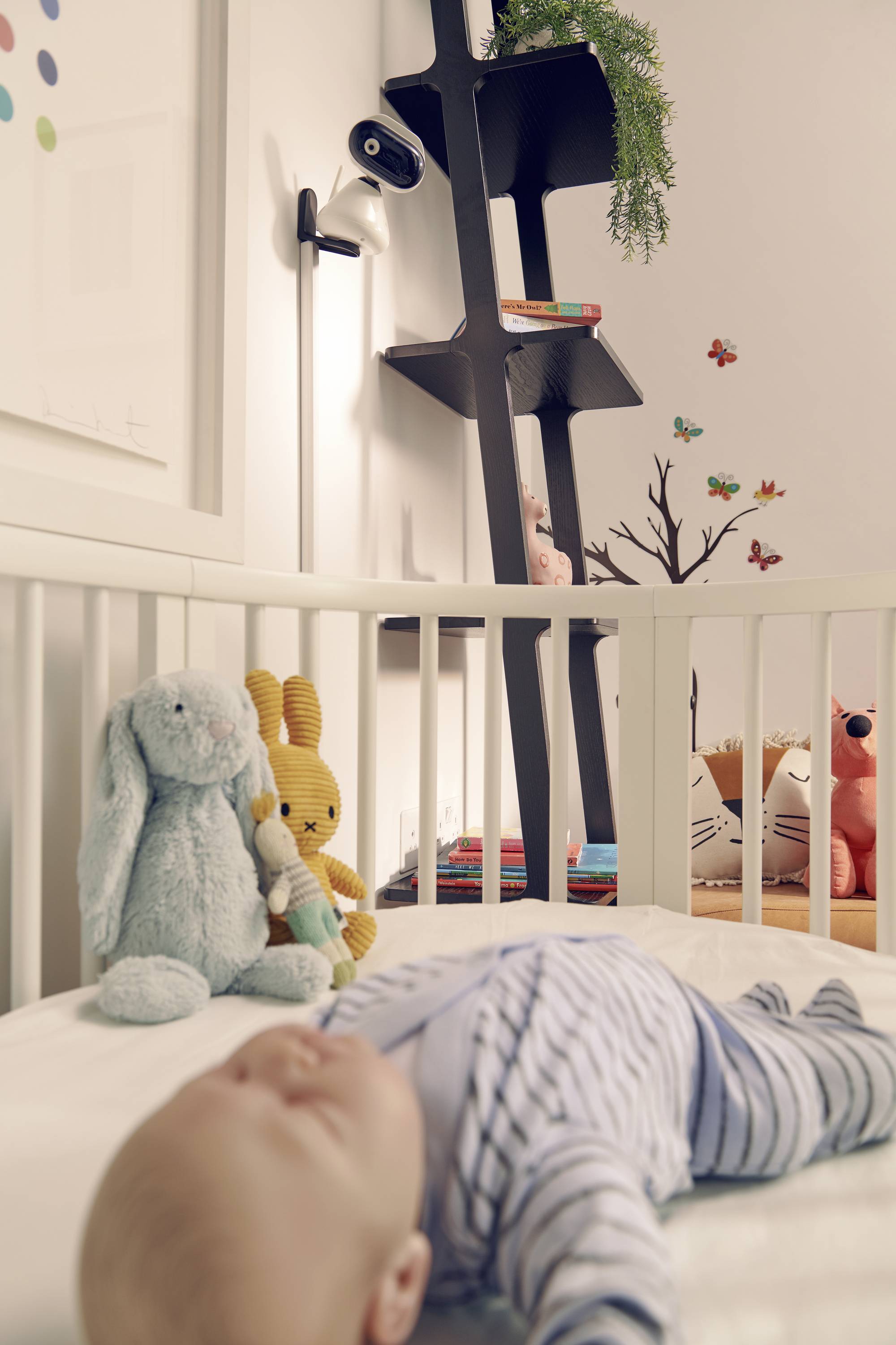 Ein Baby schläft in einem Bett im Vordergrund. Im Hintergrund ein schwarzes Regal, eine Kamera an der Wand und bunte Stofftiere.