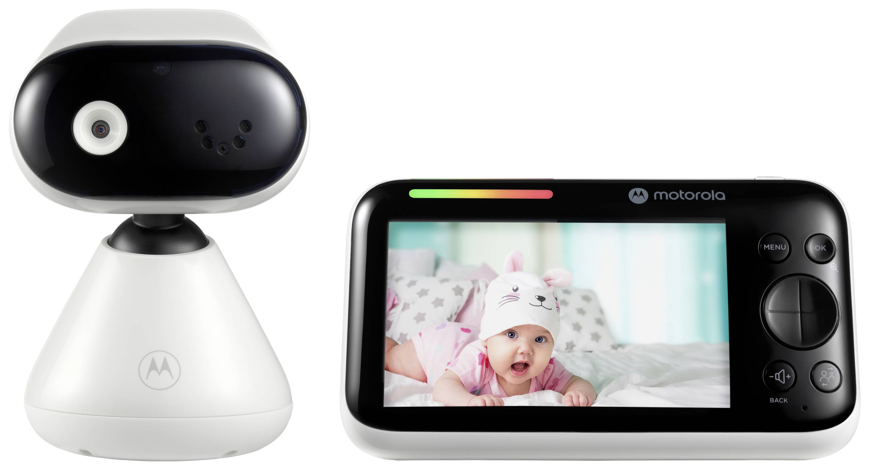Kabellose Babyüberwachungskamera mit Monitor. Der Bildschirm zeigt ein lächelndes Baby in Hasenmütze.