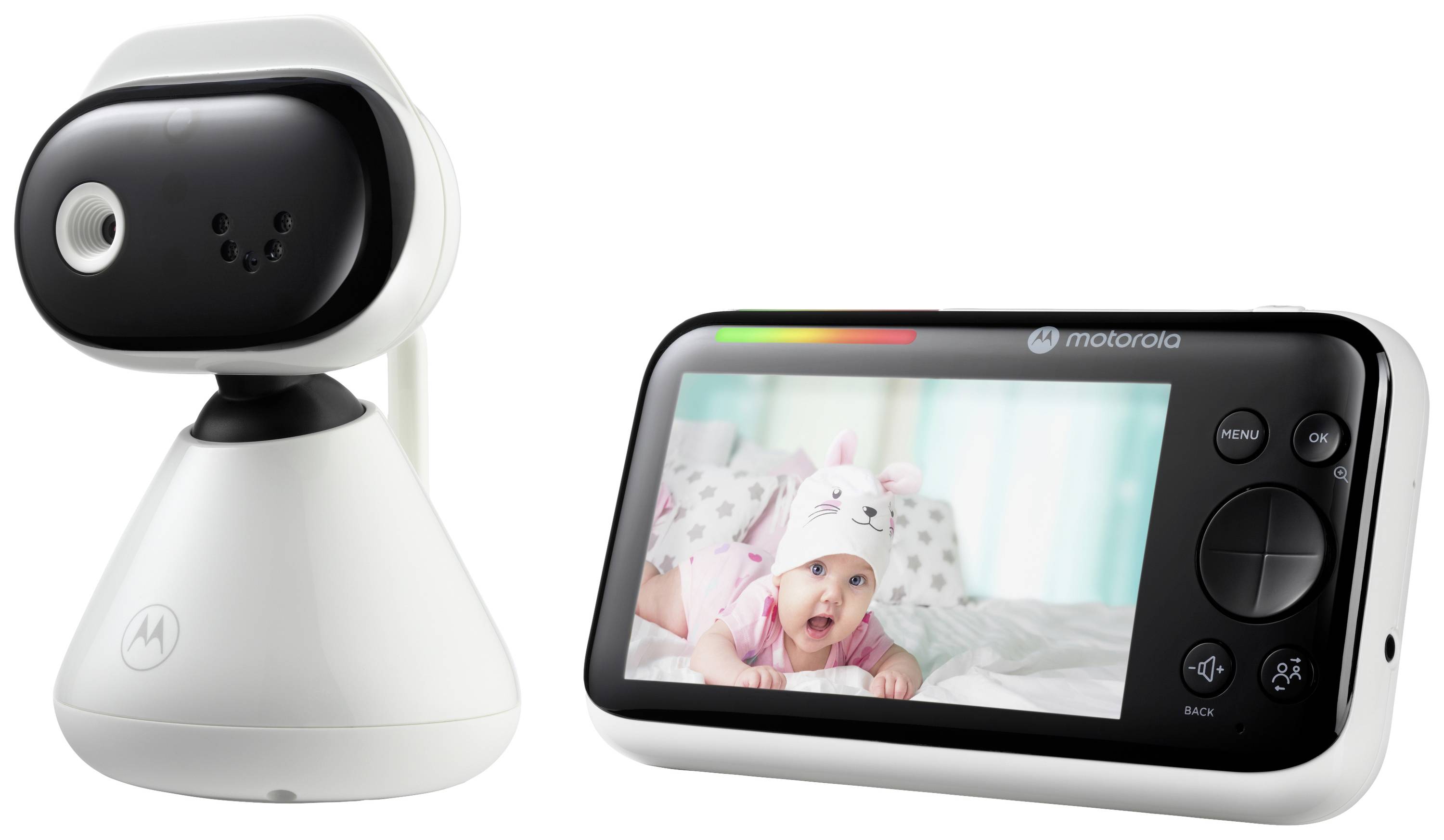 Babyphone mit Kamera und Monitor. Die Kamera ist aufrecht positioniert. Auf dem Monitor ist ein lachendes Baby mit einer Hasenmütze zu sehen.