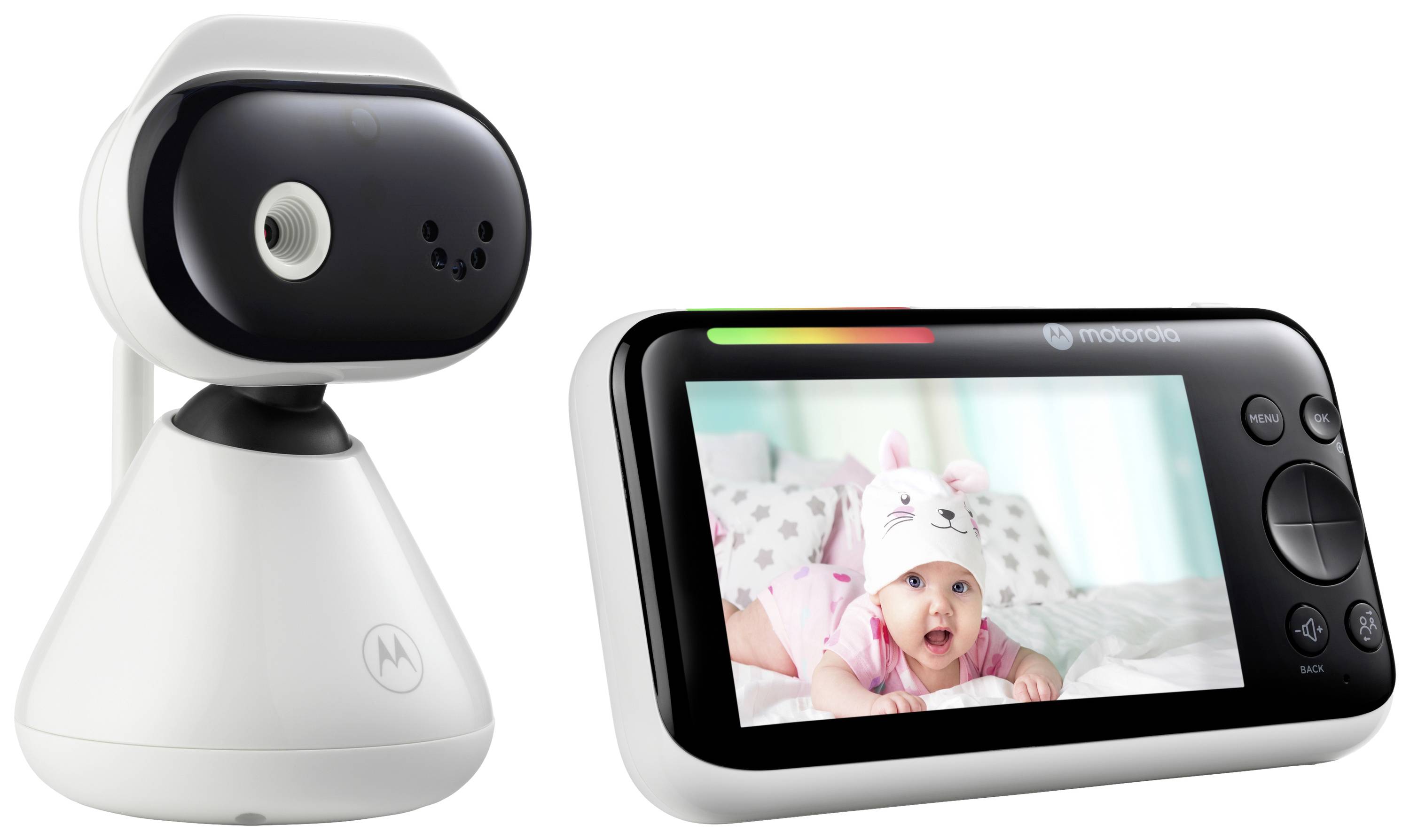 Babyphone mit Kamera links und Monitor rechts zeigt lächelndes Baby auf dem Bildschirm. Gerät zur Überwachung von Babys.