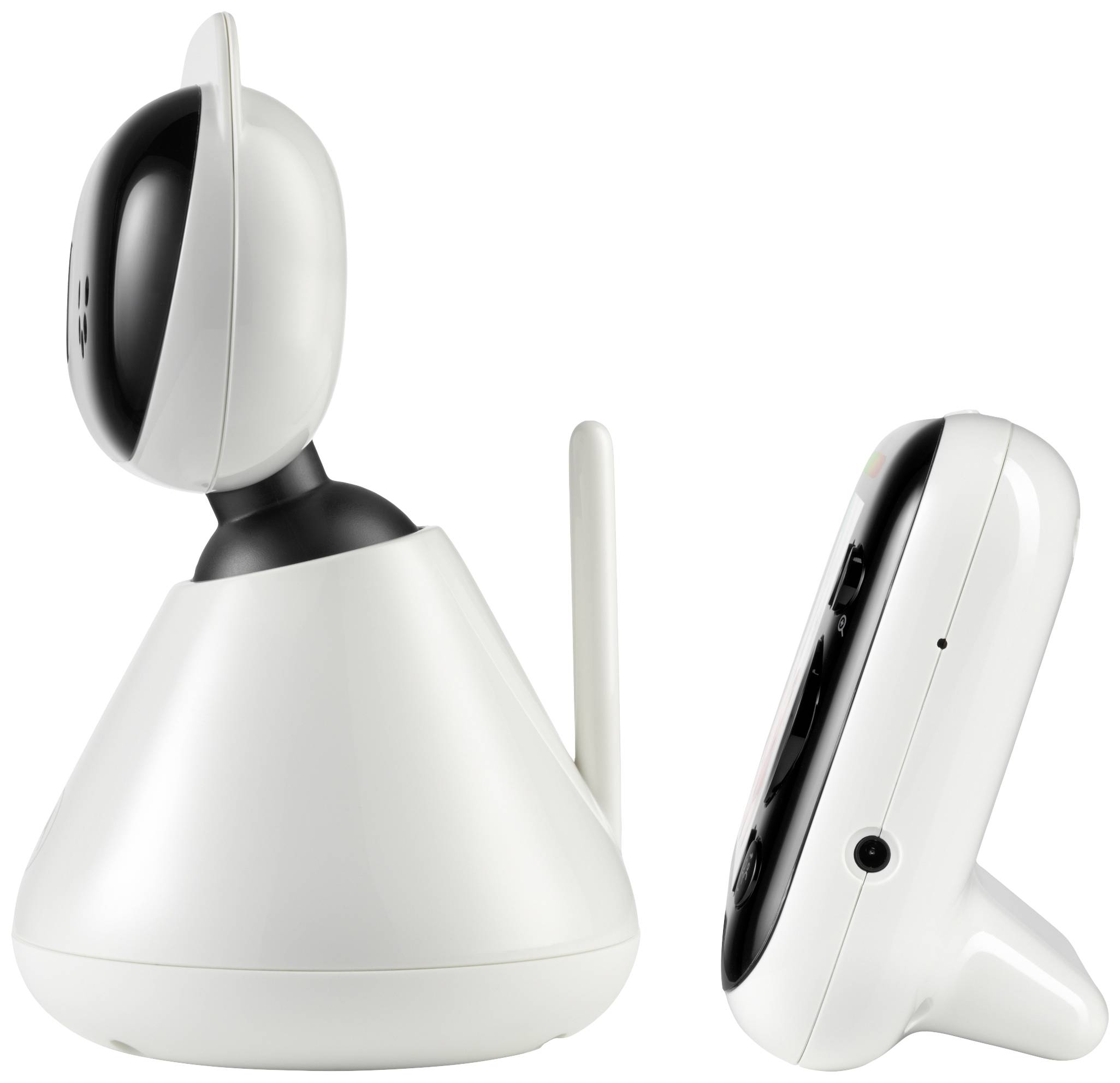 Eine weiße Babyphone-Kamera und ein schwarzes Monitorgerät stehen nebeneinander, beide zeigen nach rechts.