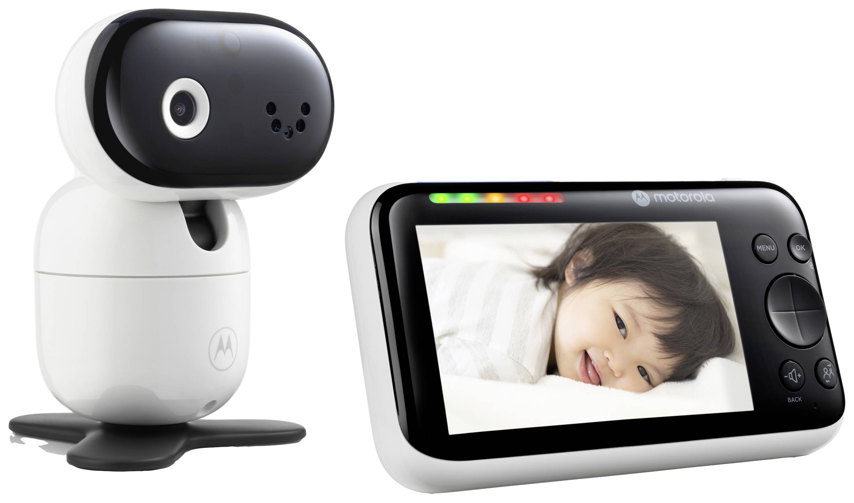 Ein Babyphone-Set bestehend aus einer Kamera und einem Monitor mit einem lächelnden Kind auf dem Bildschirm.