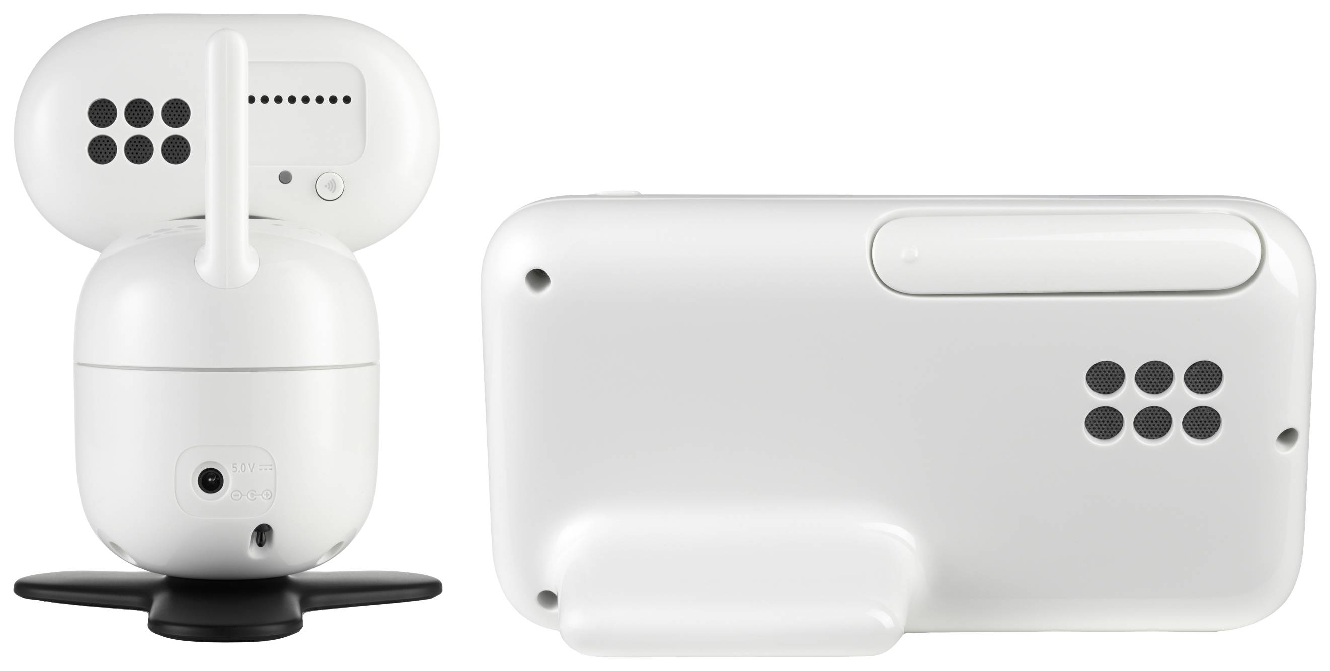 Weiße Smart-Home-Kamera mit abgerundeter Form und Antenne auf der Rückseite, zeigt Anschlüsse und ein Lautsprechergitter.