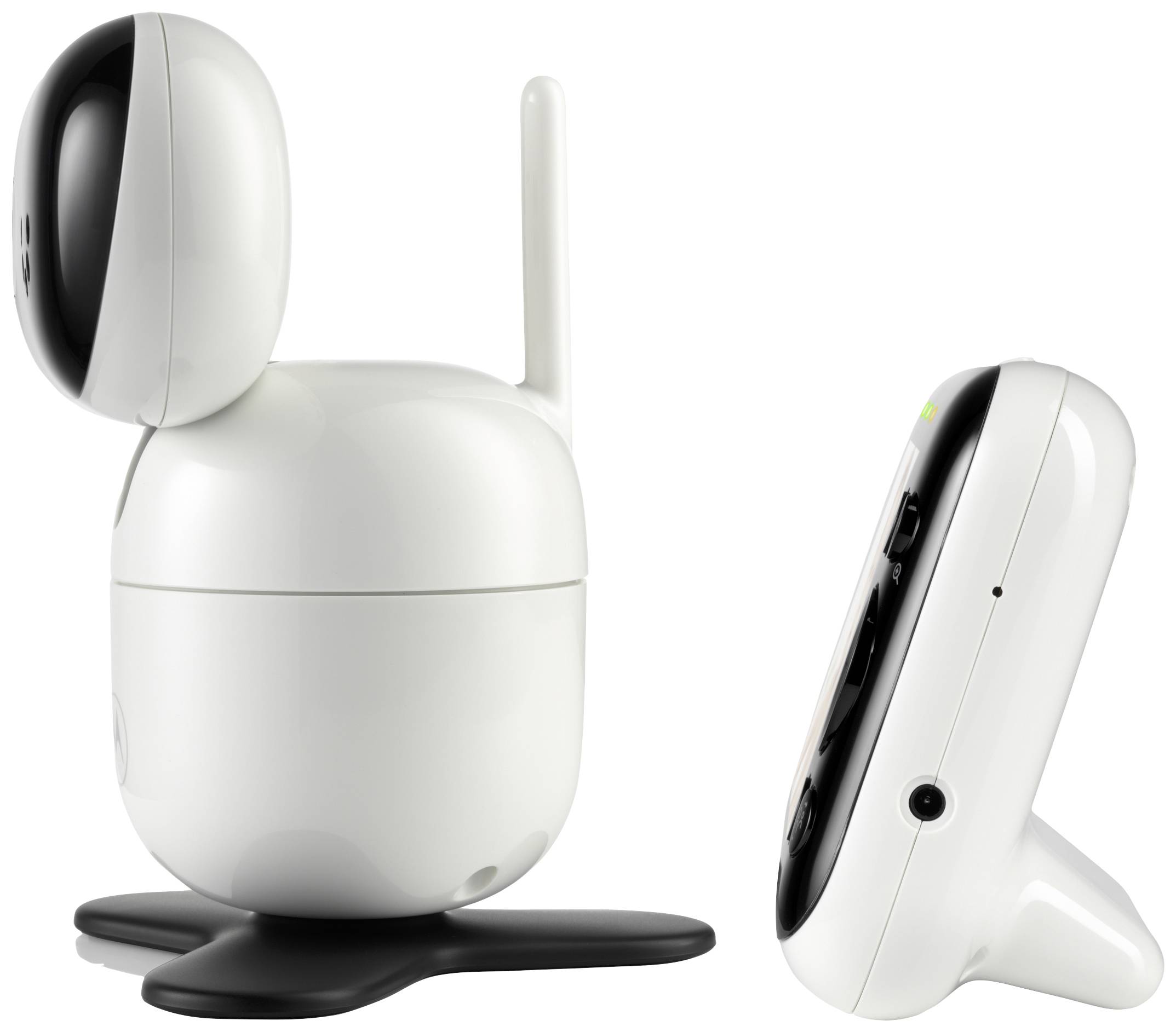 Ein weißes Babyphone-Set mit Kamera links und tragbarem Monitor rechts. Die Kamera hat eine glatte, moderne Form mit Antenne.