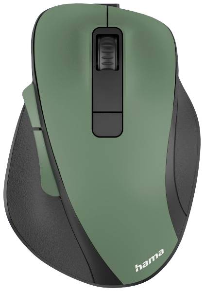 Eine kabellose grüne Maus mit ergonomischem Design, schwarzem Scrollrad und einer Daumenablage auf der linken Seite.