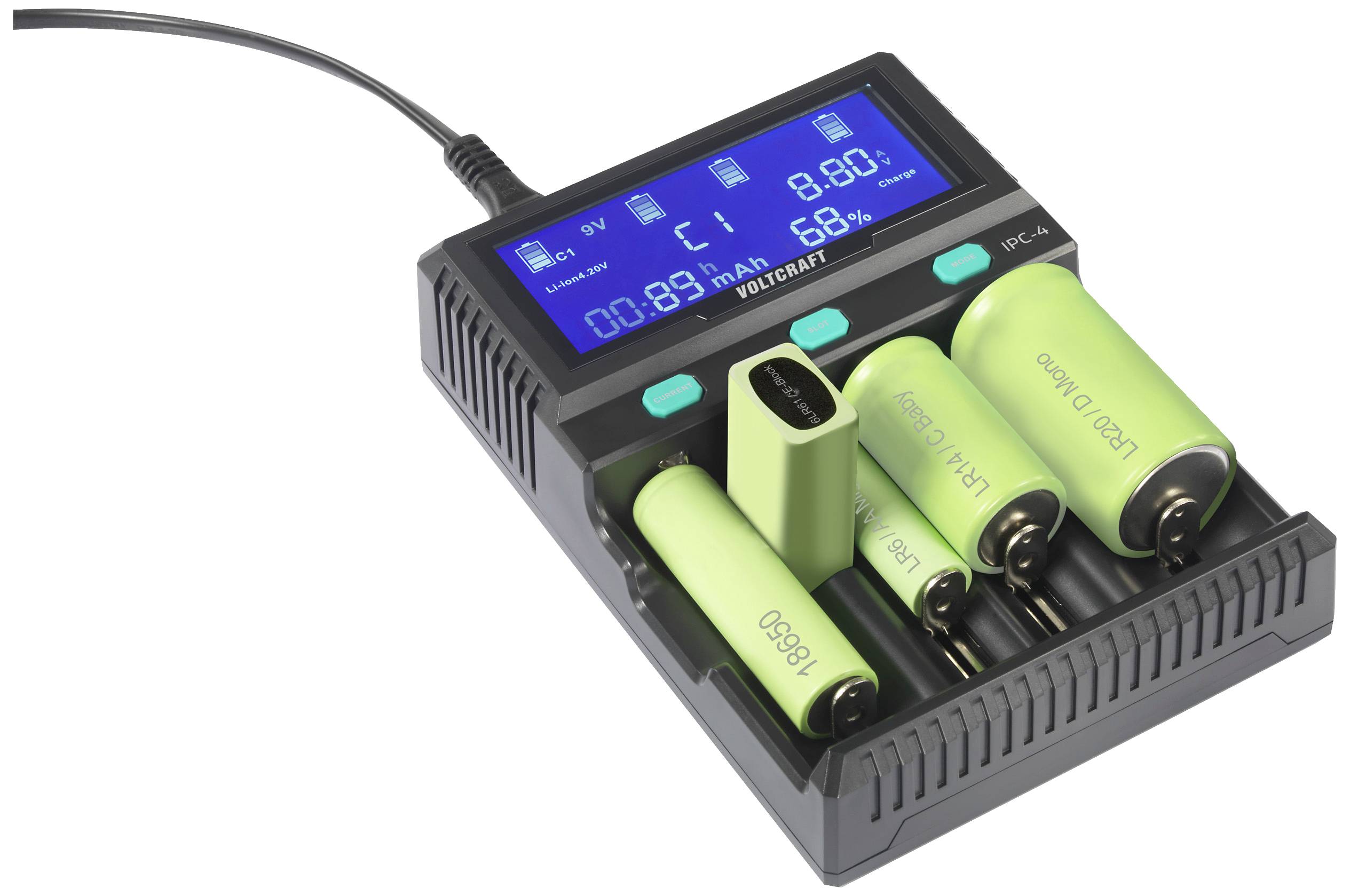 VOLTCRAFT IPC-4 Rundzellen-Ladegerät LiIon, LiFePO, NiMH, NiCd, LiFePO4 A, Mignon (AA), Micro (AAA), Mini (AAAA), Baby (C), Sub-C