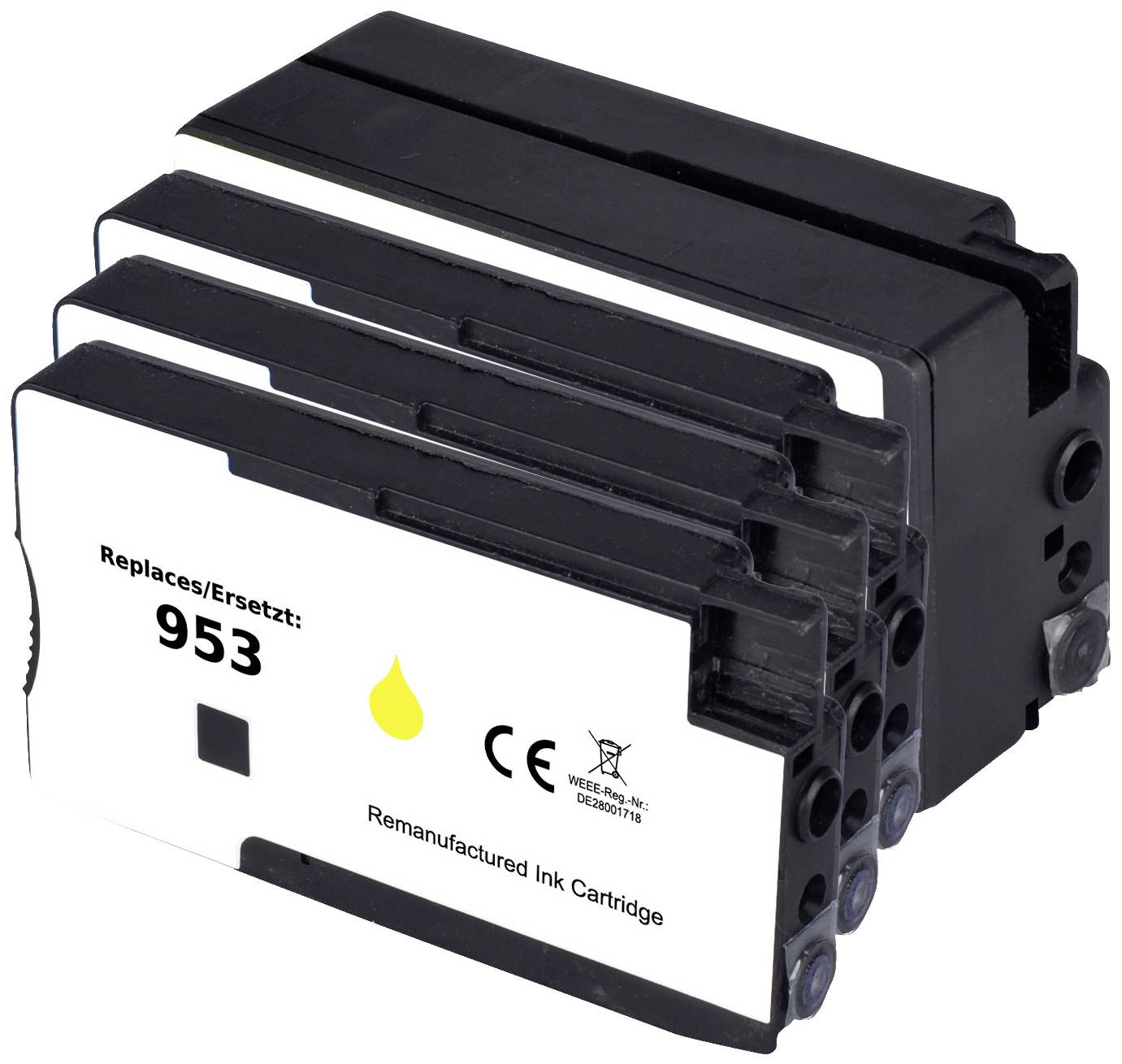 Vier wiederaufbereitete Tintenpatronen mit der Aufschrift 'Replaces 953' und einem gelben Tropfen-Symbol, geeignet für Drucker.