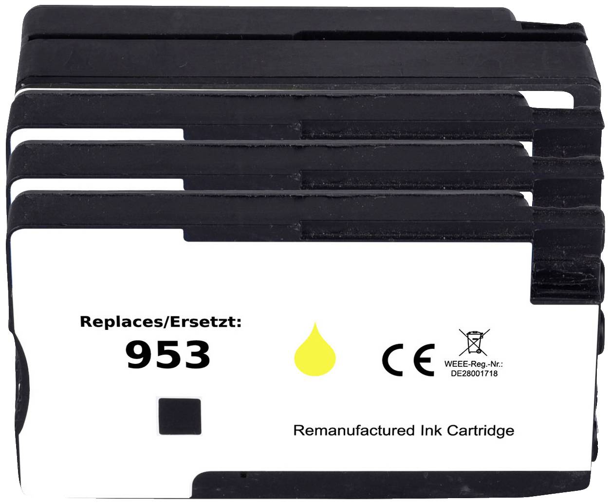 Mehrere technisch überholte Druckerpatronen mit einem Aufkleber 'Replaces/Ersetzt: 953', geeignet für bestimmte Druckermodelle.