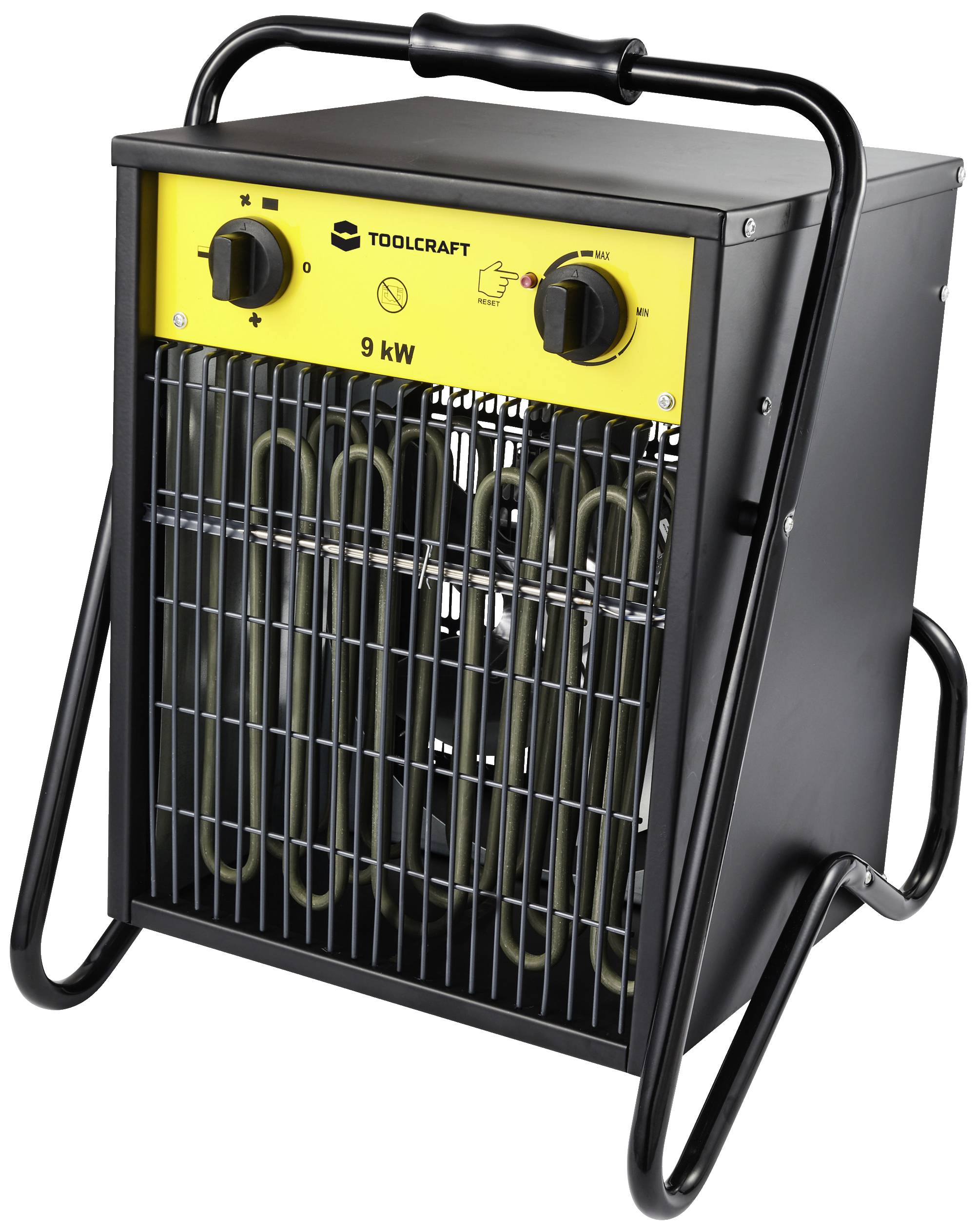 Elektrischer Heizlüfter mit schwarzem Gehäuse und gelbem Bedienfeld, zwei Drehregler für Temperatur und Ventilatorgeschwindigkeit, Leistung: 9 kW.