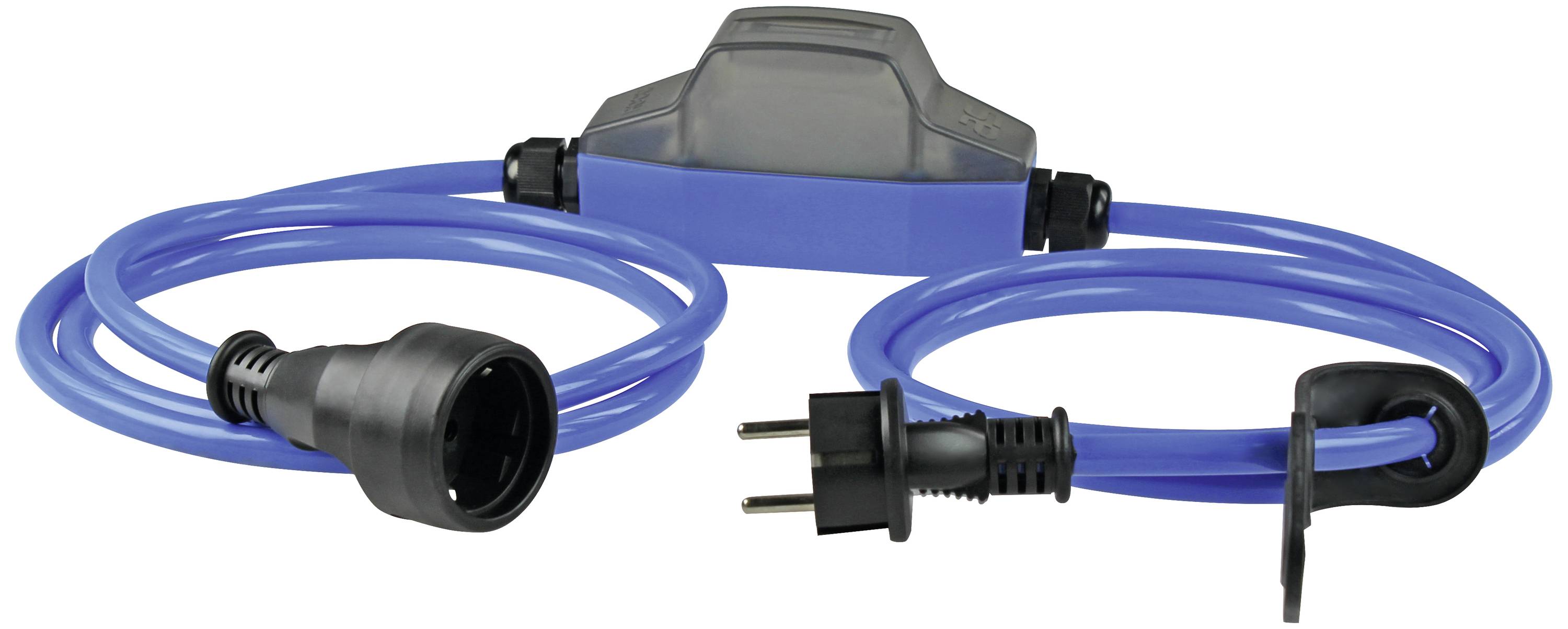 Blauer, wasserdichter Verlängerungskabel mit IP44-Schalter. Links: Steckdose, rechts: Schuko-Stecker. Geeignet für Außenbereiche.