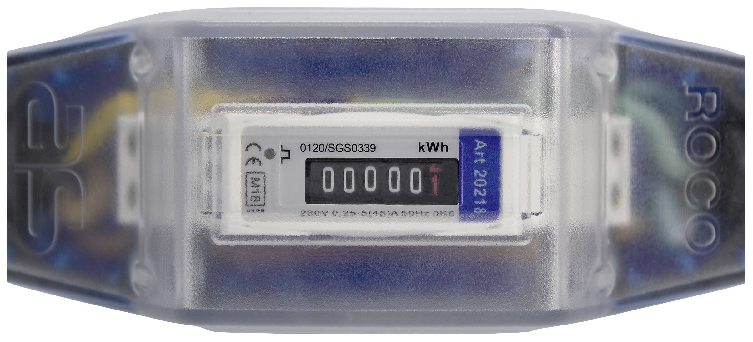 Stromzähler mit Anzeige '000001 kWh' auf weißem Hintergrund. Aussagekräftige Nummern und Symbole sind auf dem Zähler sichtbar.