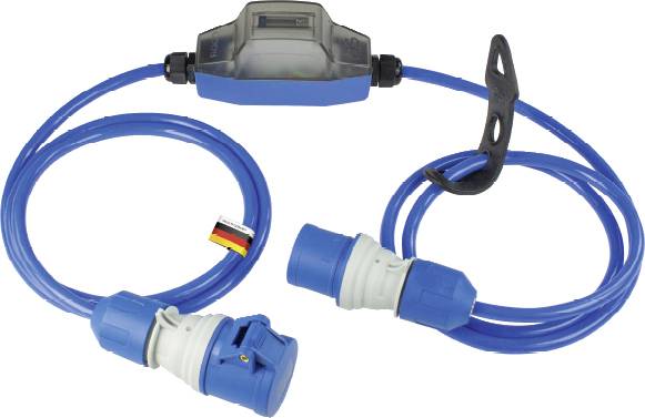 Elektrischer Adapter mit zwei blauen Steckverbindungen und einer transparenten Box in der Mitte, geeignet für Outdoor-Anwendungen.