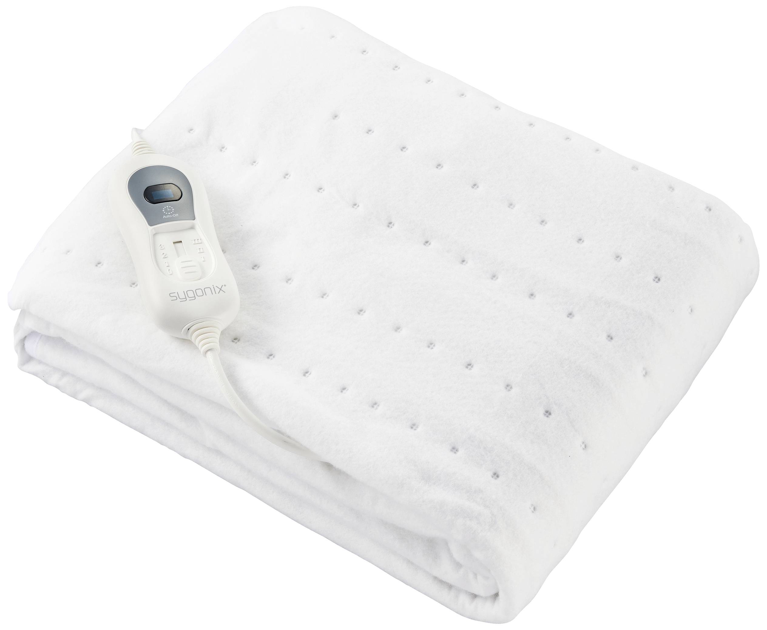 Ein weißer, gefalteter Heizteppich mit einem angeschlossenen Steuergerät, das zur Temperaturregulierung dient.