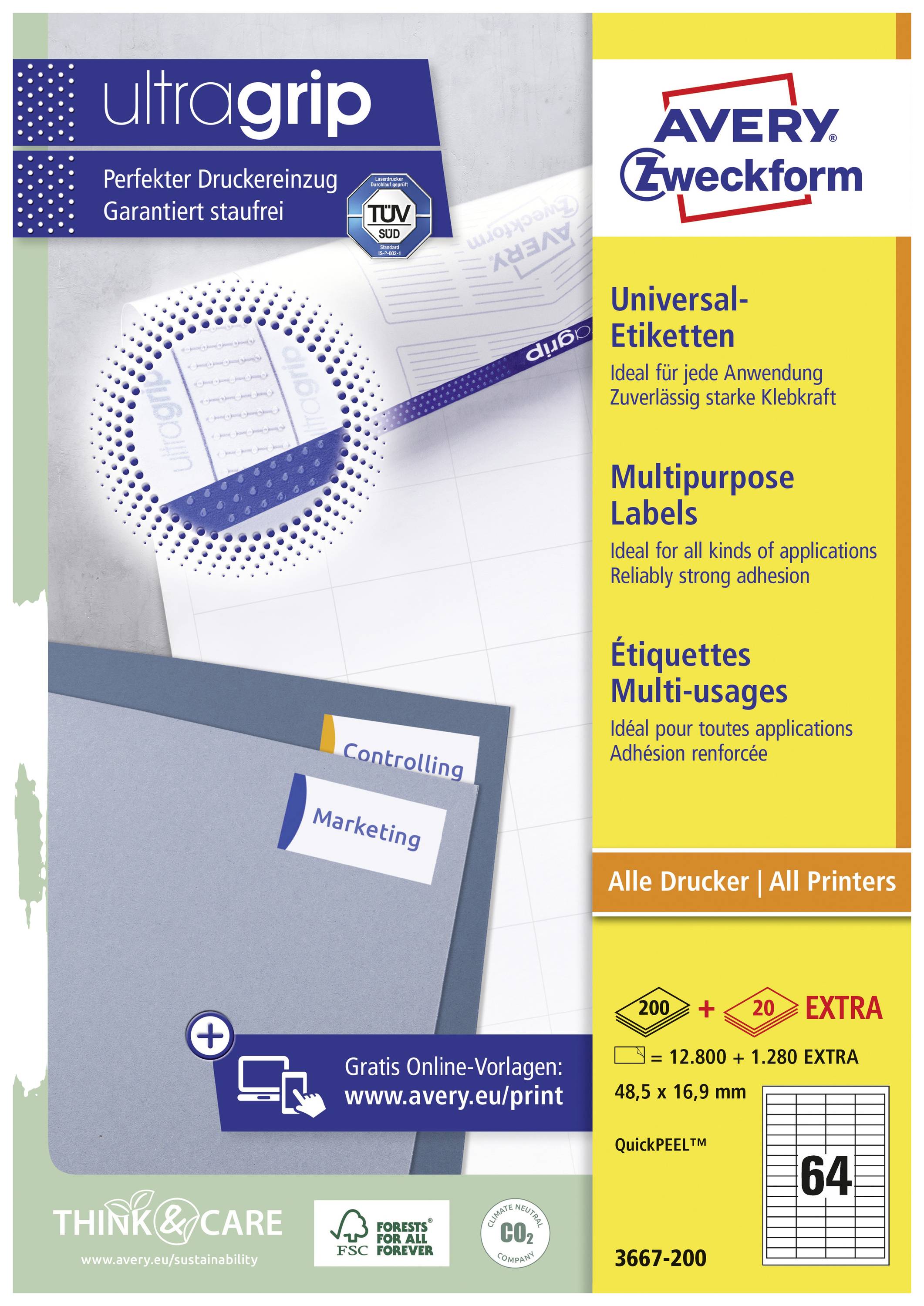 Avery-Zweckform 3667-200 Universal-Etiketten 48.5 x 16.9mm Papier Weiß 14080 St. Permanent haftend Laserdrucker, Farblaserdrucker