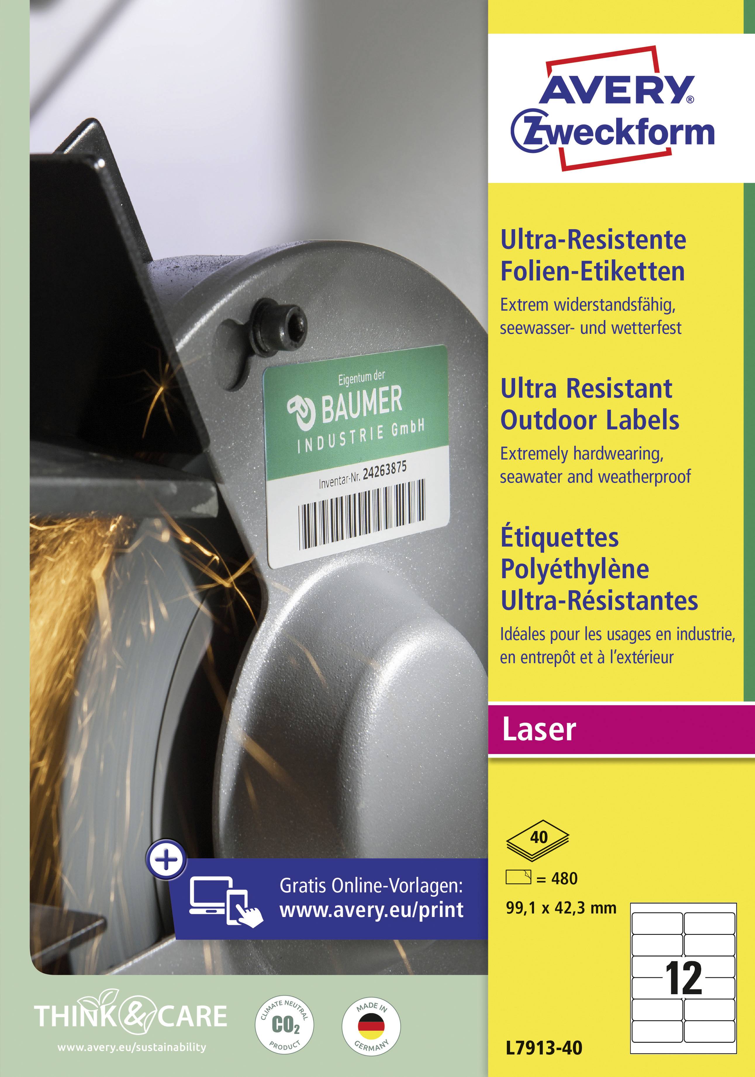 Avery-Zweckform L7913-40 Universal-Etiketten 99.1 x 42.3mm Polyethylenfolie Weiß 480 St. Permanent haftend Laser 40 Blatt DIN A4