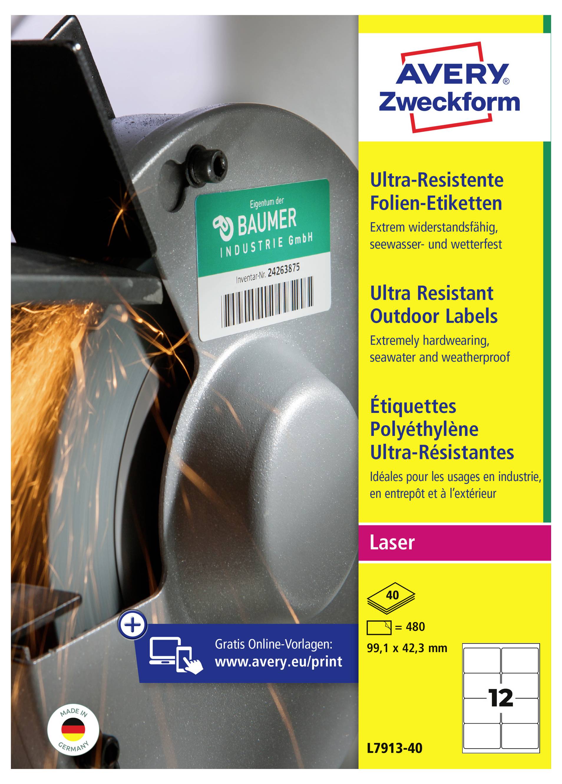 Avery Zweckform ultrabeständige Laseretikett auf einem Metallrad mit Funkenschlag, zeigt ein Beispielprodukteetikett und Verpackungstext in mehreren Sprachen.