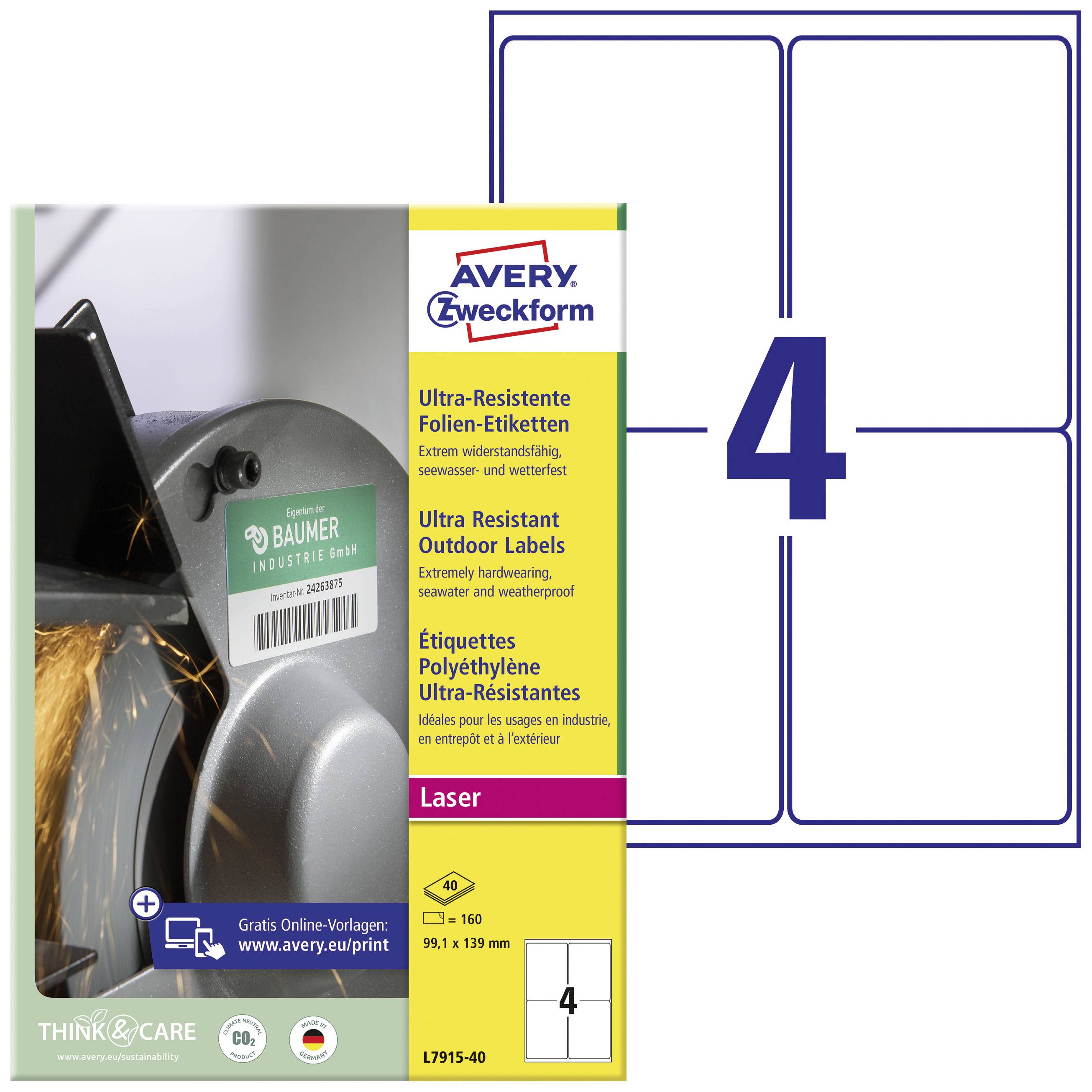 Avery-Zweckform L7915-40 Universal-Etiketten 99.1 x 139mm Polyethylenfolie Weiß 160 St. Permanent haftend Laser 40 Blatt DIN A4