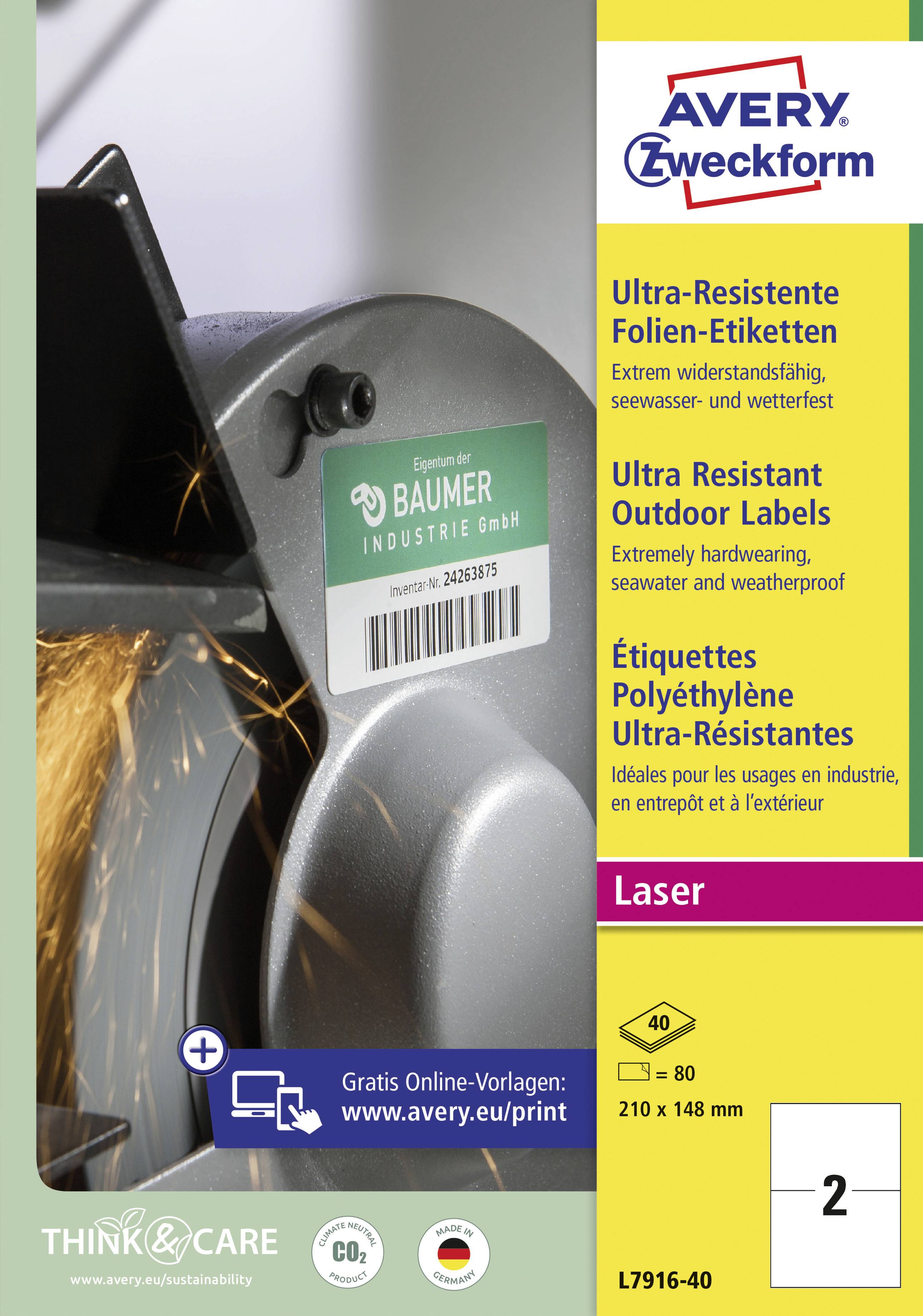 Etikettendrucker mit glänzender Klinge, Text: 'Ultra-Resistente Folien-Etiketten'. Produkteigenschaften und Maße sind abgebildet.