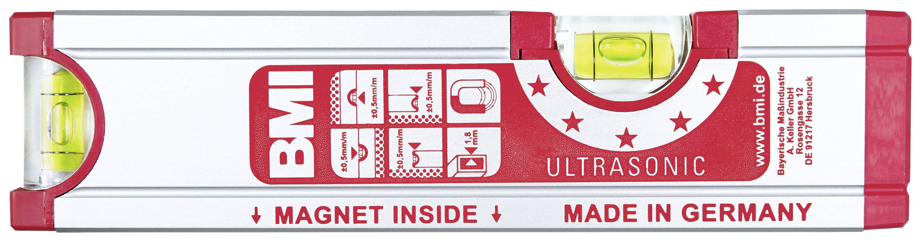 Wasserwaage mit umlaufender Skala und Magnet, Markenname 'BMI' und Aufschrift 'Magnet Inside, Made in Germany'.