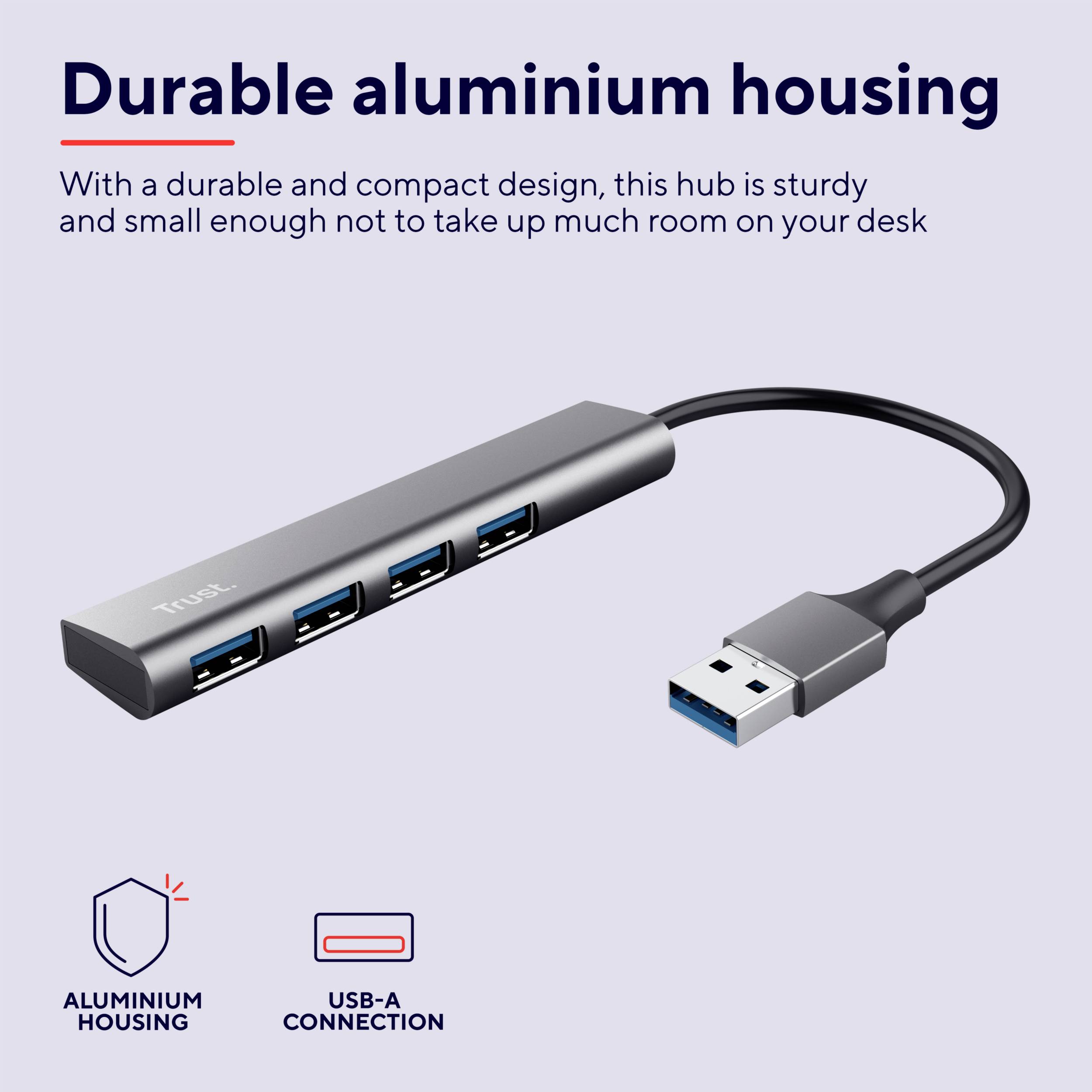 Ein schlankes, graues USB-Hub mit mehreren Anschlüssen, beworben als robust und kompakt. Text: 'Durable aluminium housing'.