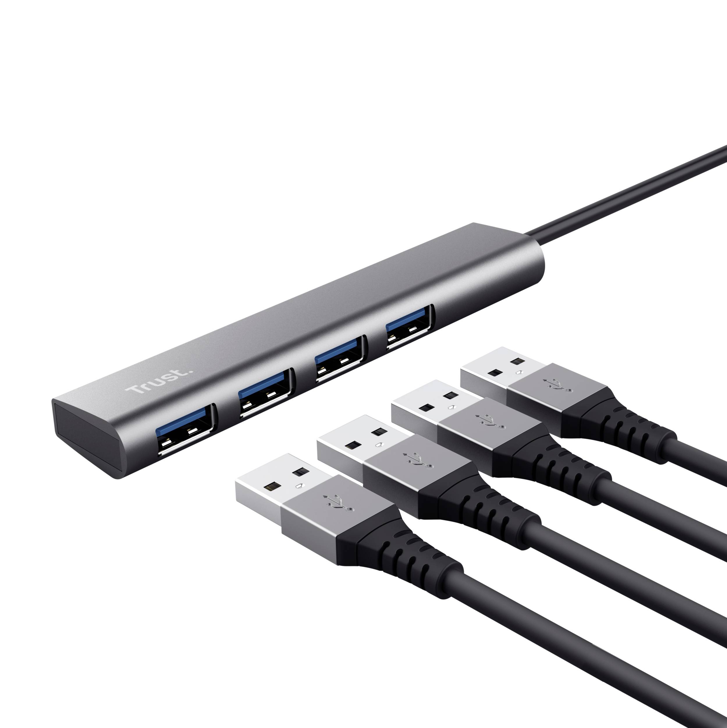 Ein USB-Hub mit vier Anschlüssen liegt flach. Vier USB-Kabel sind eingesteckt, die zu Geräten führen.