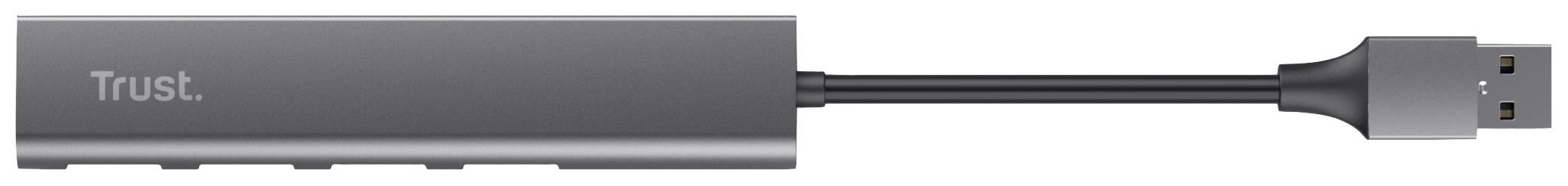Grauer USB-Hub mit Trust-Logo, bietet mehrere Anschlüsse für die Erweiterung der USB-Kapazität eines Computers.