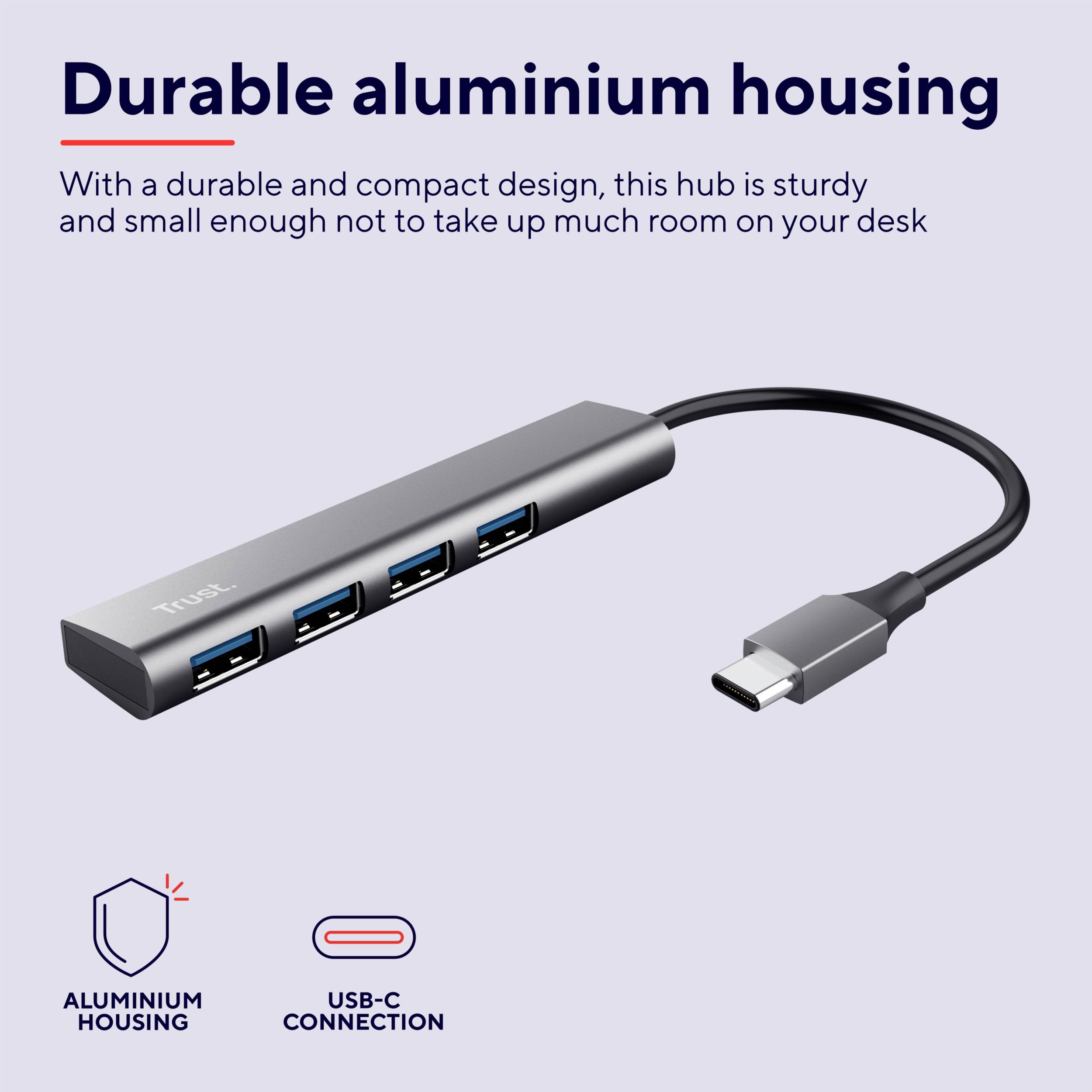 USB-C-Hub mit vier Anschlüssen. Robustes Aluminiumgehäuse. Kompakt und platzsparend für den Schreibtisch.