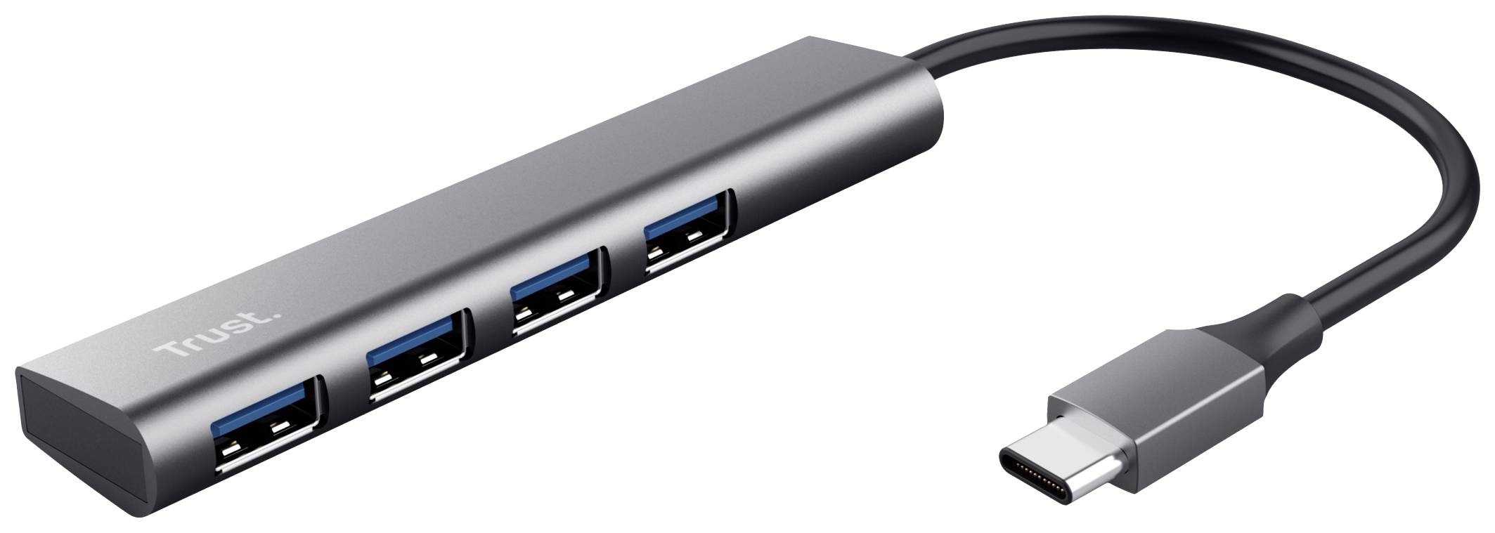 USB-Hub mit vier USB-Anschlüssen und USB-C-Kabelanschluss, in Metallgehäuse.