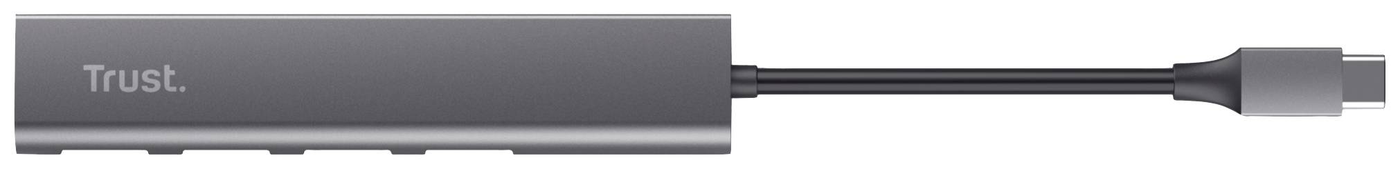 Ein grauer 'Trust' USB-C-Adapter mit mehreren Anschlüssen, darunter HDMI und USB-Ports, geeignet für Laptops und Tablets.