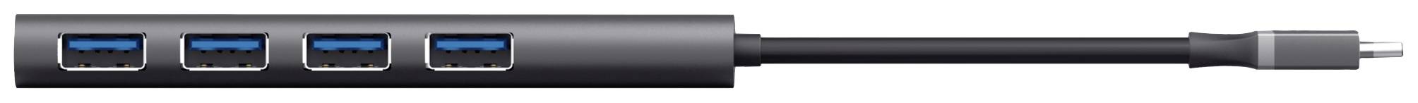 USB-C-Hub mit vier USB-3.0-Anschlüssen. Schwarzes Gehäuse.